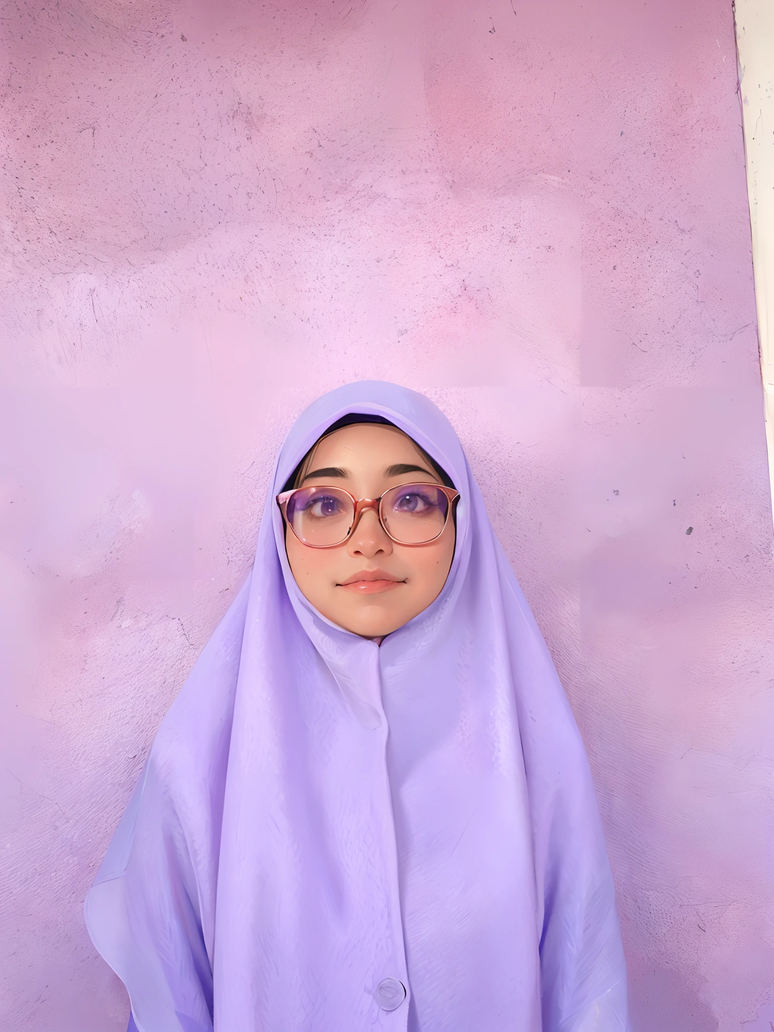 purple wall with a woman wearing a purple scarf and glasses, in background, inspired by Naza, with square glasses, protrait, close up potrait, her face is a mauve flower, lilac, color portrait, spectacled, with kind face, inspired by JoWOnder, with glasses, shot with iphone 1 0, purple skin color, potrait, colored, 4k, realistic, HD