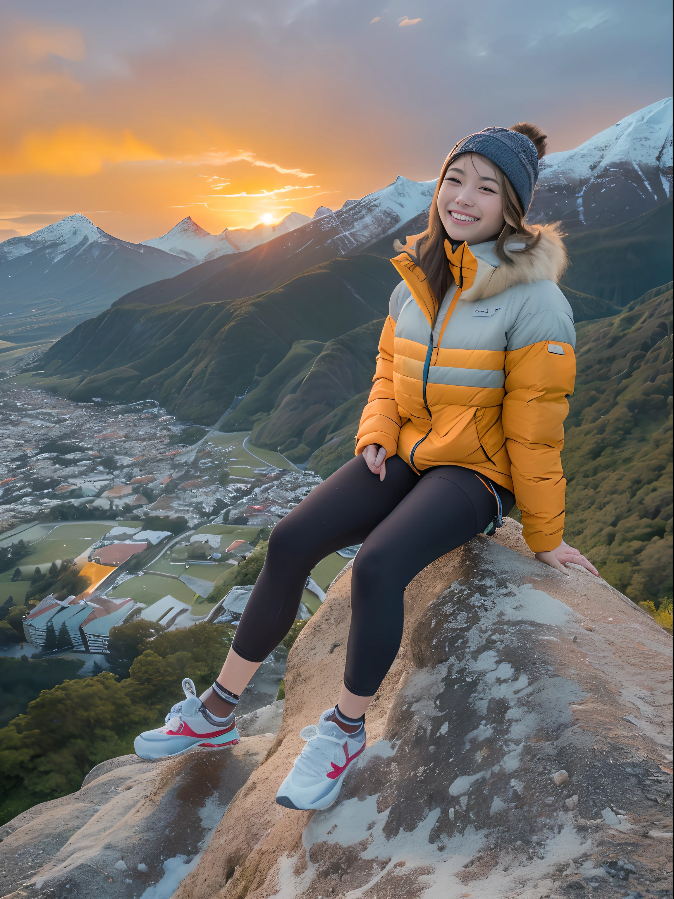 realisticlying、Snow-capped climbing、Outdoor Fashion Girl、Mountain from the cliff々々View、Portrait、Orange sunset、Happy smile、realisitic、Background ball blur、Happy smile、An 18-year-old woman、