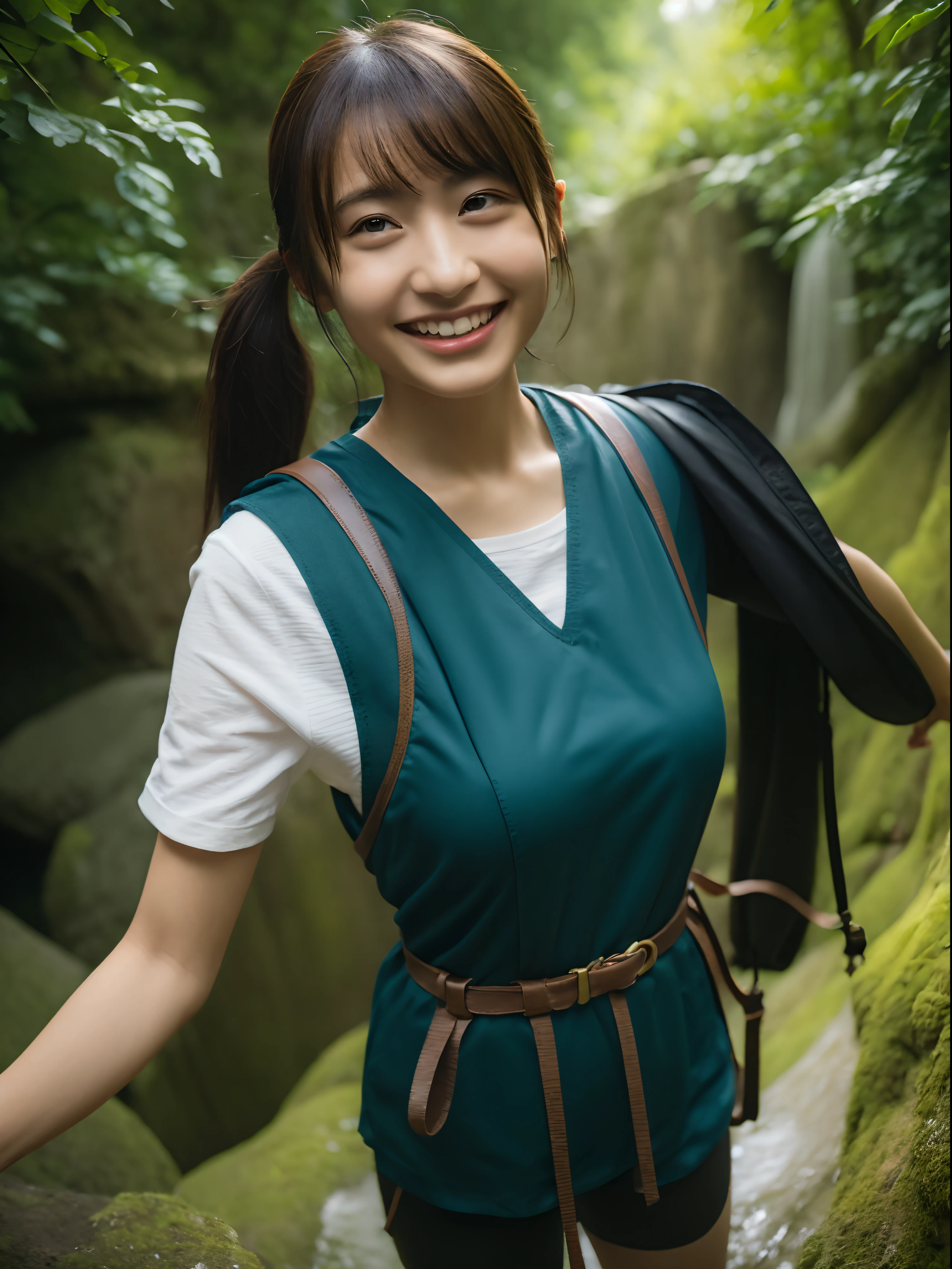 mountain climbing、Very big waterfall in the background、Otaki Climb、Emerald Green Waterhole、Hiking boots、Stream updates、(top-quality、8K、masterpiece:1.3))、full body Esbian、long legged、Beautiful woman with perfect body shape:1.4、A slender、dark brown hair、Mountaineering Wear、Highly detailed facial and skin texture、A detailed eye、二重まぶた、A smile、Beautiful breasts、Less exposure、backpack、poneyTail、Sawa tabi、helmets、Climbing rope、Happy smile