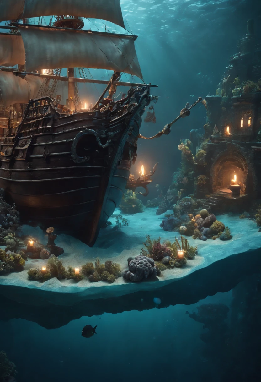 Three layered underwater cake with a black pirate ship at the top and monster Kraken at the bottom in artistically and beautifully designed universe diorama, intricate design and details, dramatic lighting, hyperrealism, photorealistic, depth of field, unreal engine, 8k --upbeta --ar 9:16