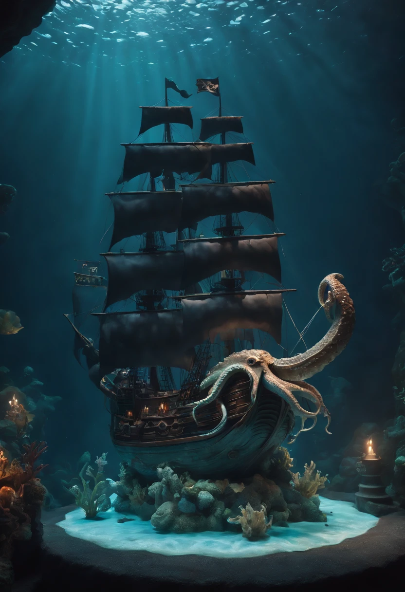Three layered underwater cake with a black pirate ship at the top and monster Kraken at the bottom in artistically and beautifully designed universe diorama, intricate design and details, dramatic lighting, hyperrealism, photorealistic, depth of field, unreal engine, 8k --upbeta --ar 9:16