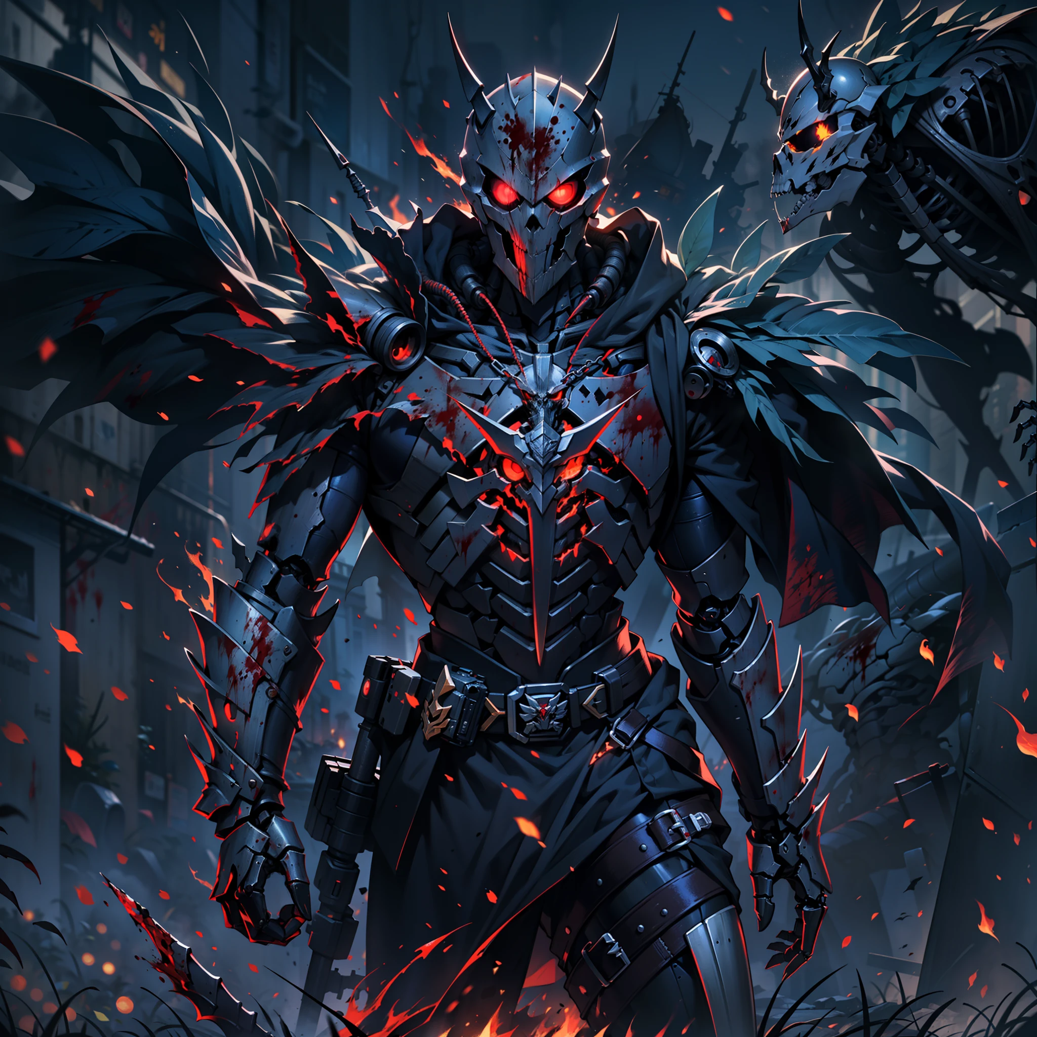 （Very detailed 8k wallpapers），The best movie posters，war theme，The horror covered in blood（undead knight）photo from the side （Hyper-detailing），Kamen Rider，Burning eyes，（Put on the flame armor），mechanized，（Mechanical skeleton），Mechanical details：1.2，Carry a sickle，uncanny，The dark world，Dark series