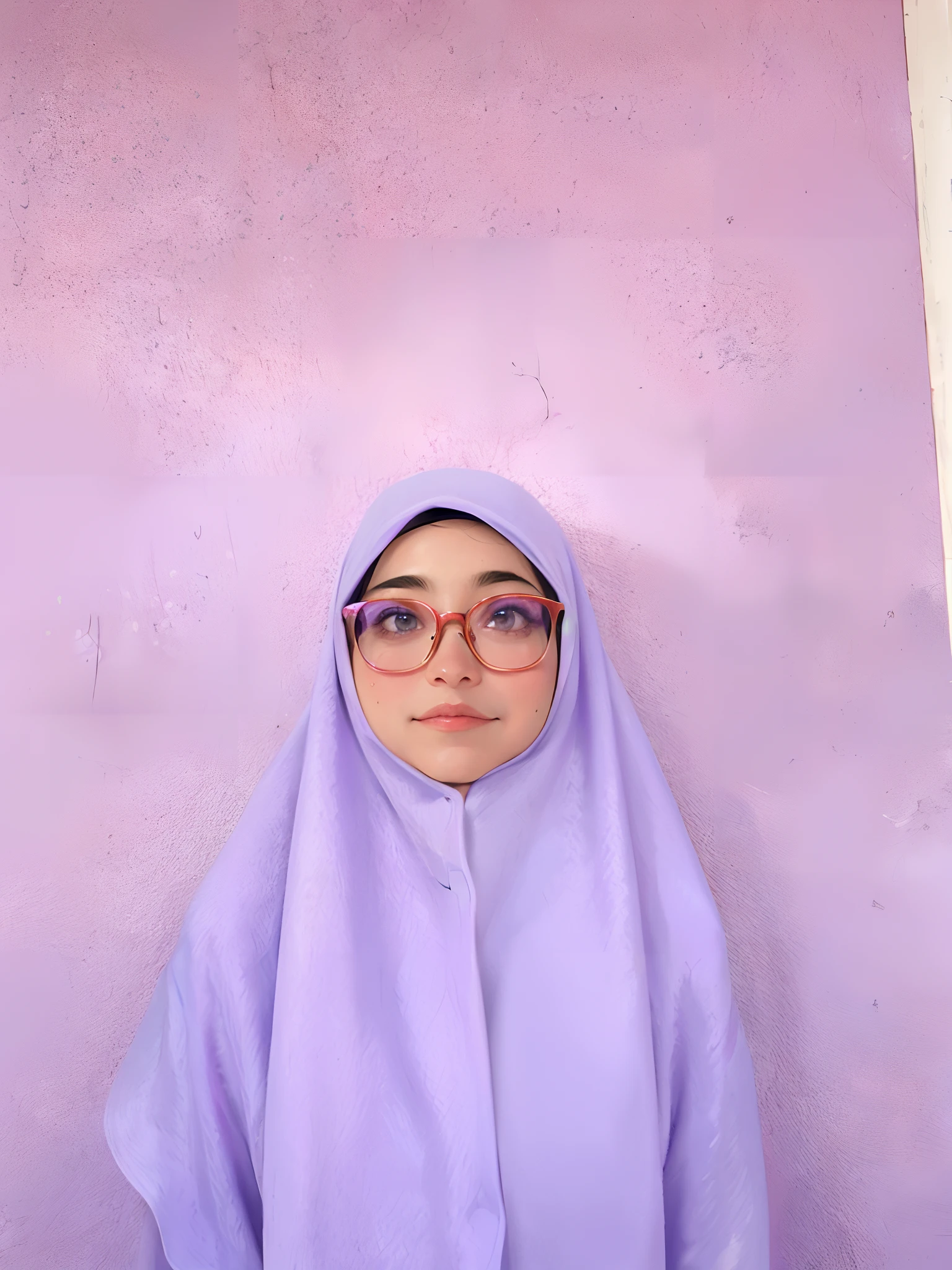 purple wall with a woman wearing a purple scarf and glasses, in background, inspired by Naza, with square glasses, protrait, close up potrait, her face is a mauve flower, lilac, color portrait, spectacled, with kind face, inspired by JoWOnder, with glasses, shot with iphone 1 0, purple skin color, potrait, colored, 4k, realistic, HD