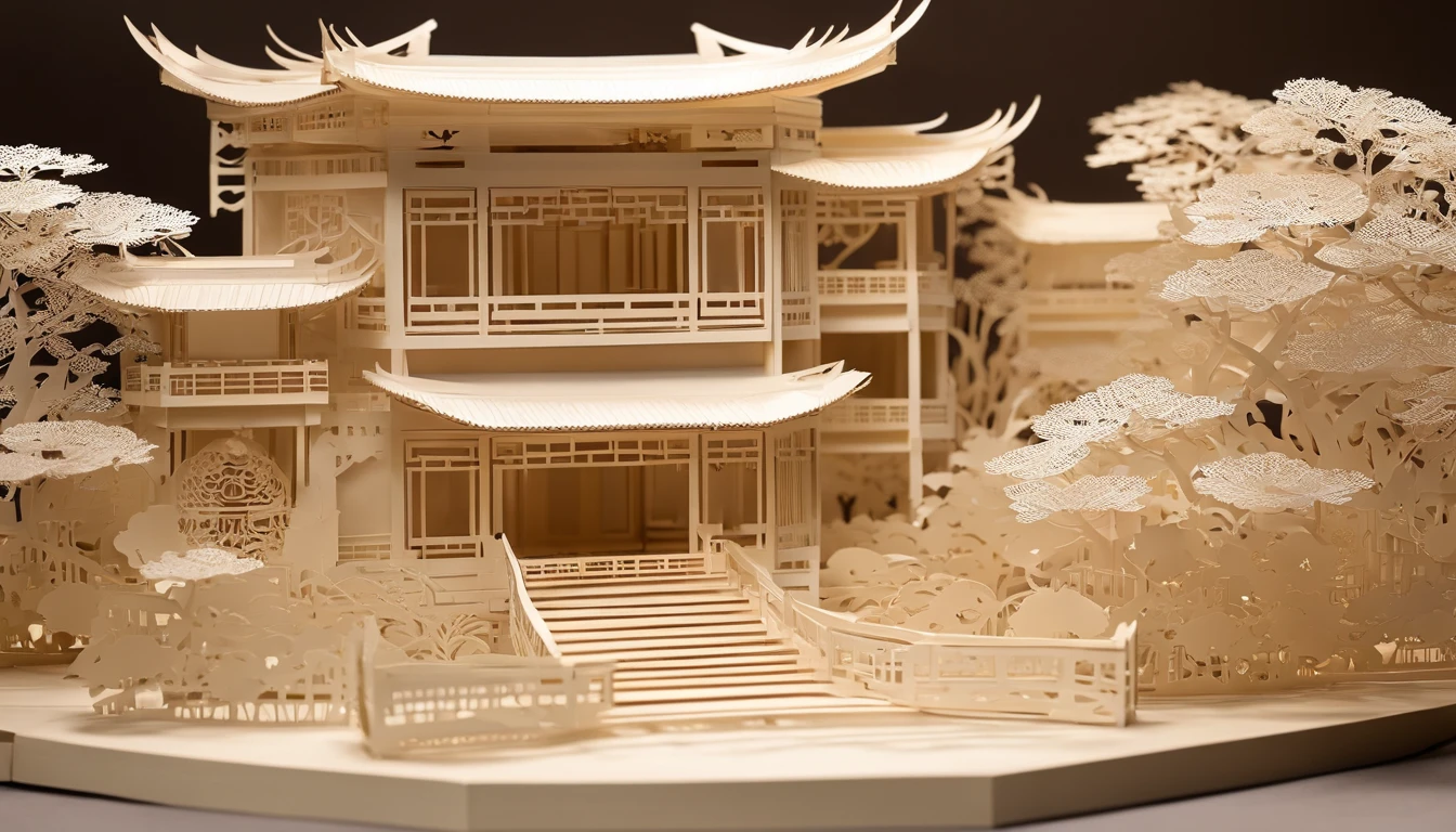 Chinese gardens,Hexagonal pavilion,arte em papel cortado,Works of masters,super-fine
