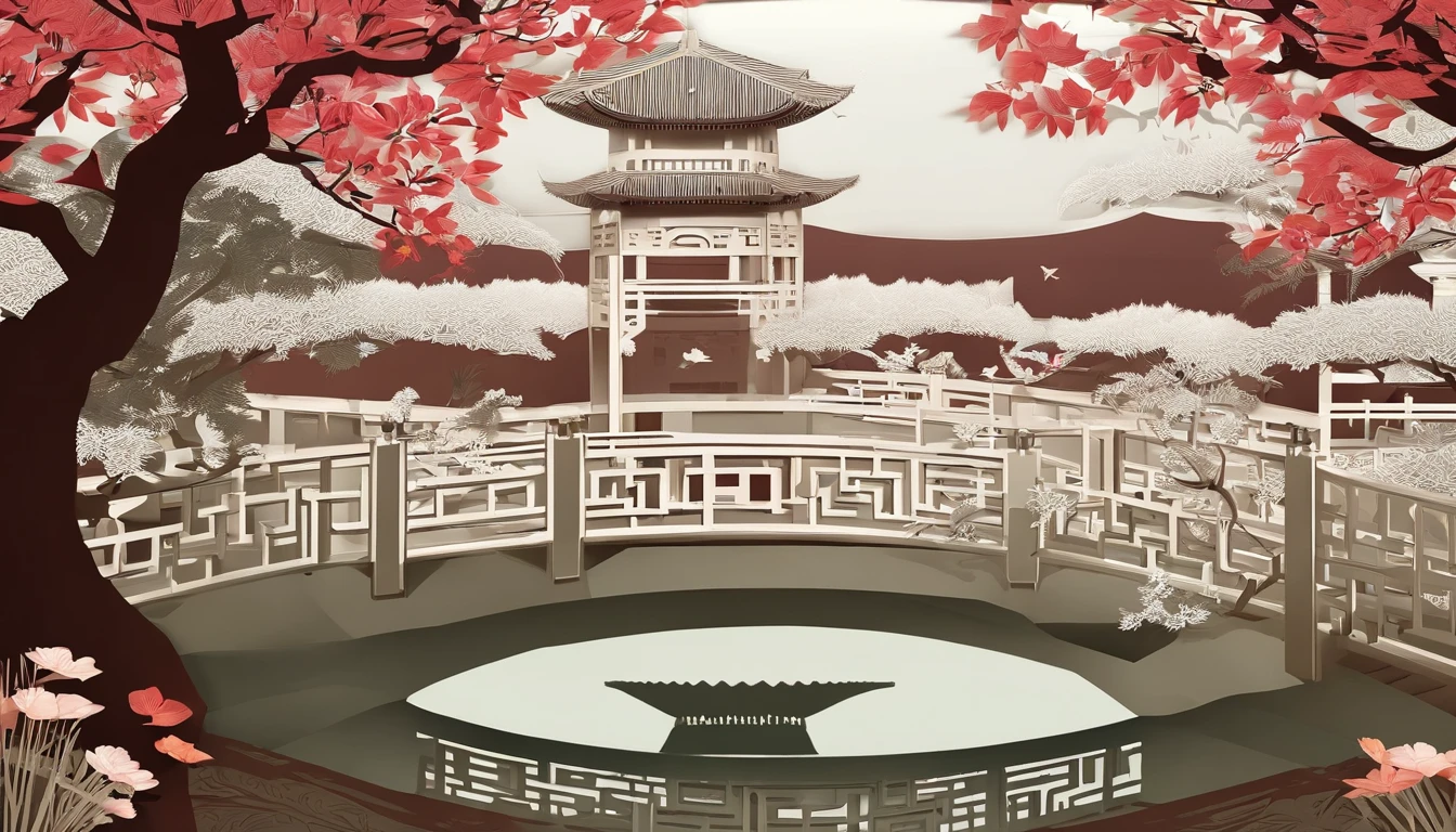 Chinese gardens,Hexagonal pavilion,arte em papel cortado,Works of masters,super-fine