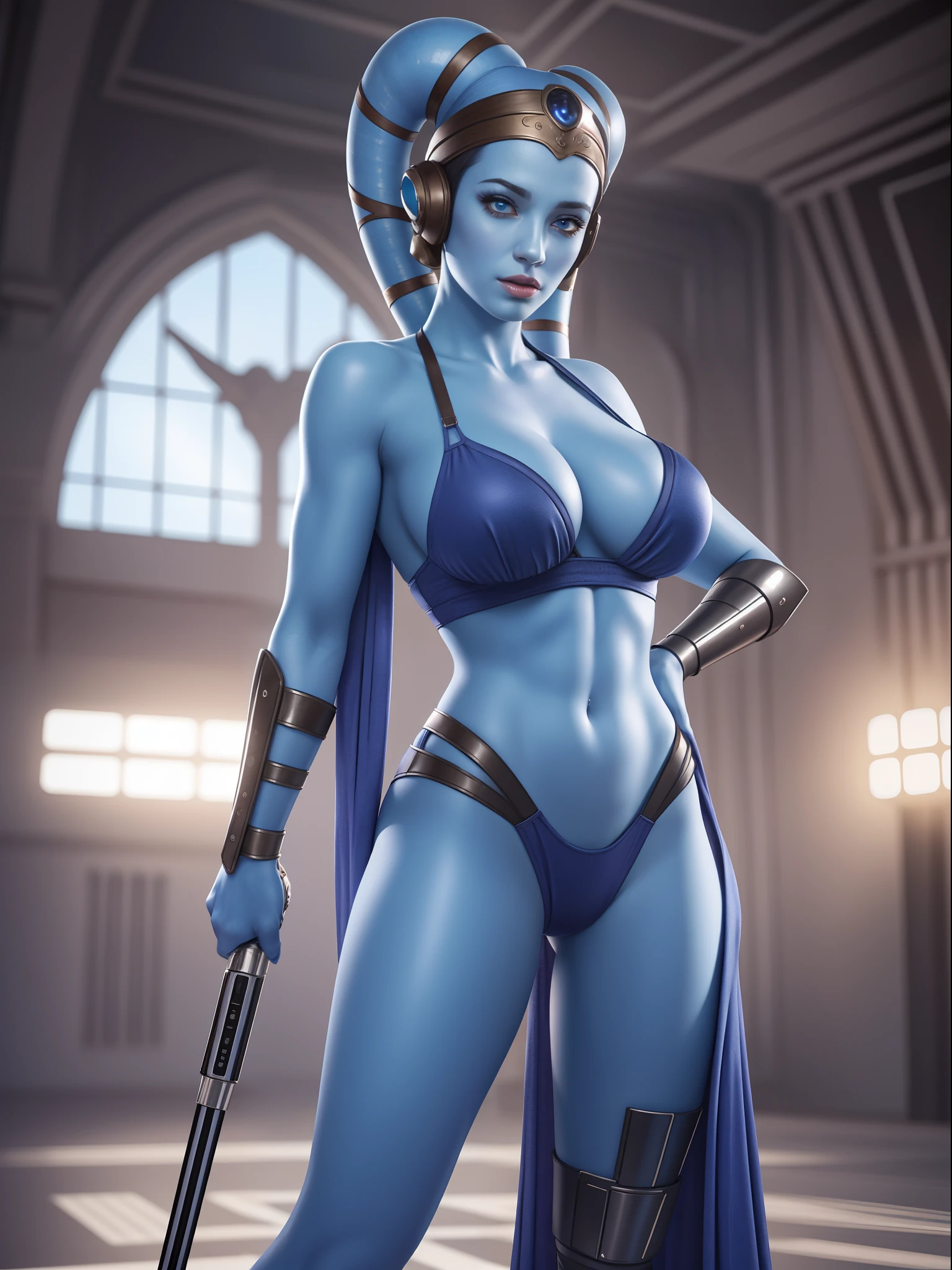 sexy masterpiece, best quality, highest quality, high definition, highly detailed, 8K, (((blue skin)), twi'lek), standing, athletic and fit body, naughty, slutty, perfect hands, detailed hands, perfect eyes, detailed eyes, flirty, sexy, naughty, posing, hands and arms at sides, large perky boobs, realistic, HDR, UHD, dynamic,  Imperial starship, Star Wars, good lighting, jedi robes, cleavage