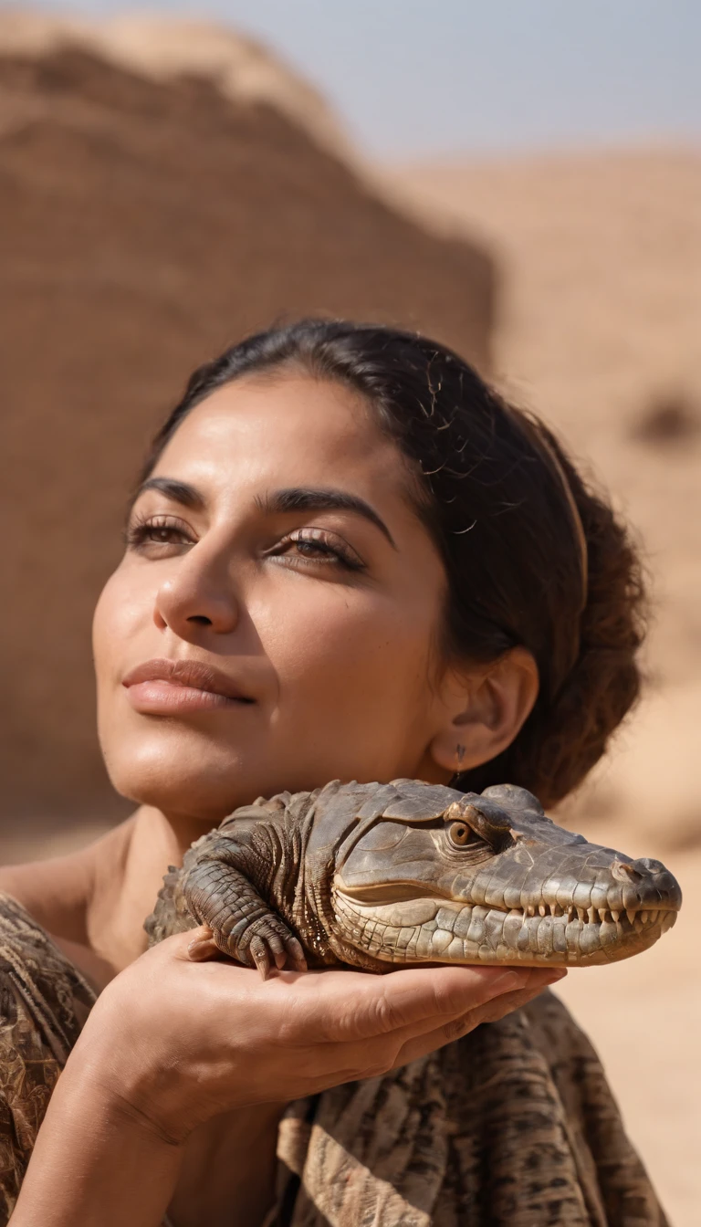 An Egyptian woman holding crocodile dung in her hand, Mola 35mm, fotografia, ultra detalhes, detalhes de textura precisos HDR, UHD,?? mil
