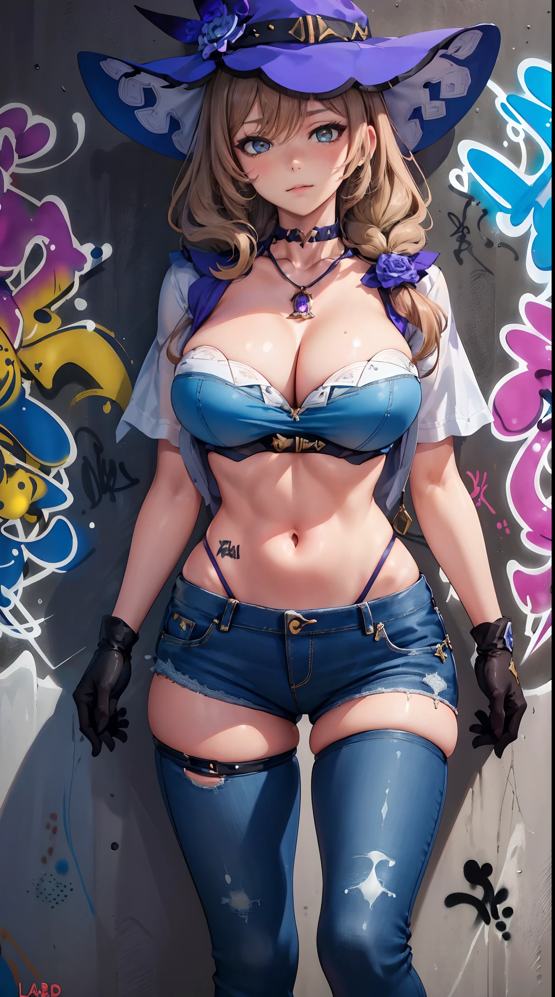 Lisa|genshin impact, master-piece, bestquality, 1girls,25 years old, shorts jeans, oversized breasts, ,bara, Long Jeans, choker, (Graffiti:1.5), Splash with purple lightning pattern., arm behind back, against wall, View viewers from the front., Thigh strap, Head tilt, bored, water eyes,
