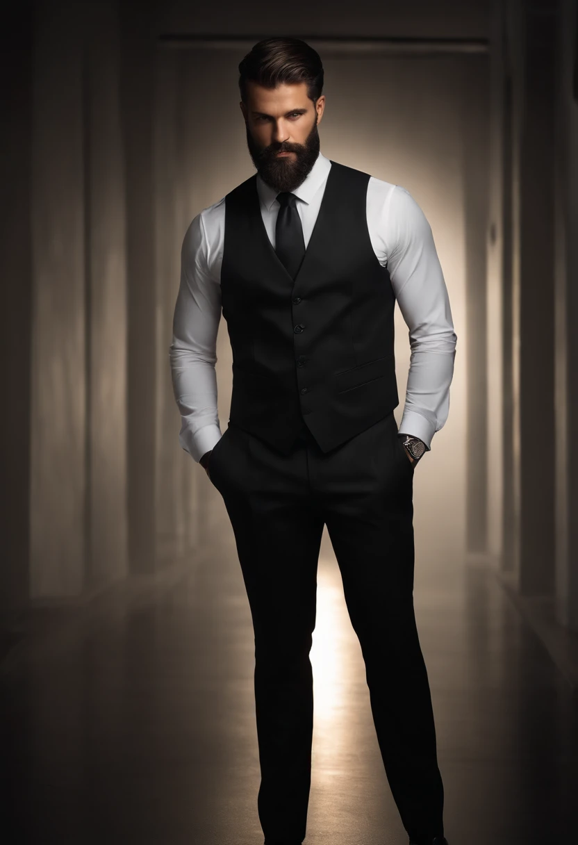 Faire un bel homme de 30 ans dans un costume ???? et une cravate, PDG, cheveux et barbe bruns, (Man dressed in a black suit with tie), ), (Utilisation de la barbe,) Attractive and serious appearance, short and dark hair, Elegant and stylish, Body shaved and solid fitted in the suit, (Realistic and high-quality image), In the background of dark black image and lights, Style de film, ((beste-Qualit, 8k, шедевр), hyperdetailed photography, (beautifull detailed face, Detail of skin texture, Ultra-detailed body:1.1)