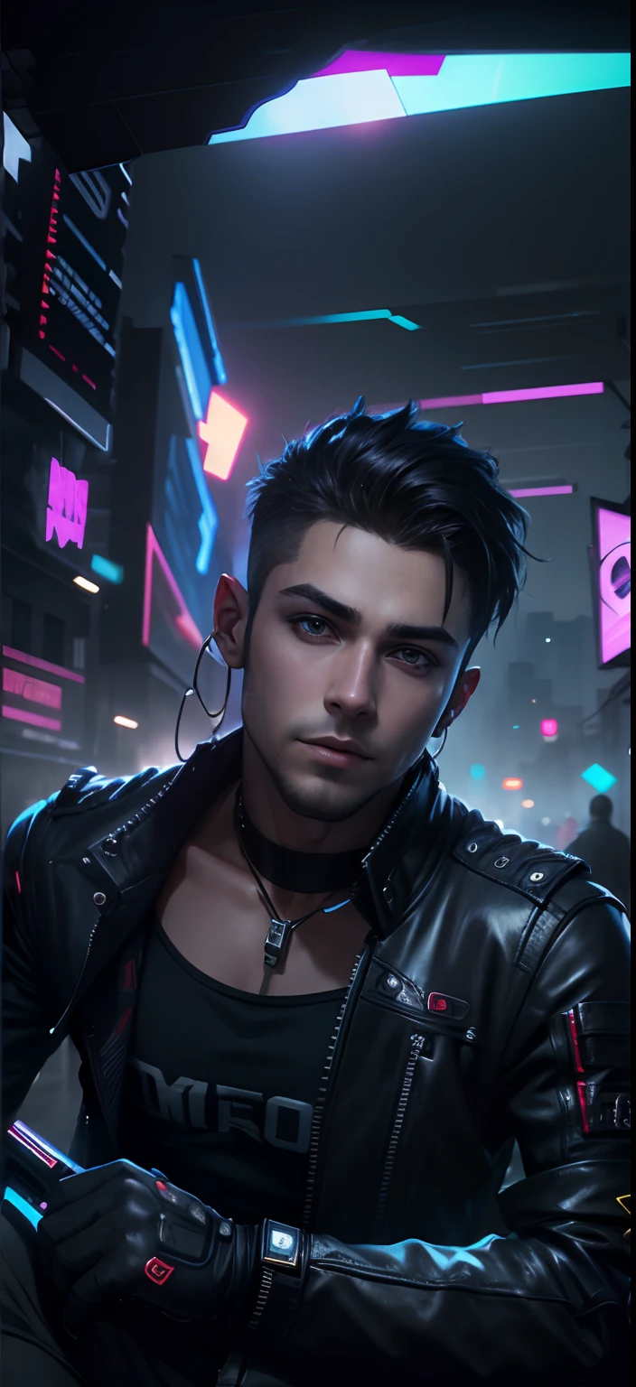 Change background cyberpunk handsome boy, realistic face, 8k, ultra realistic