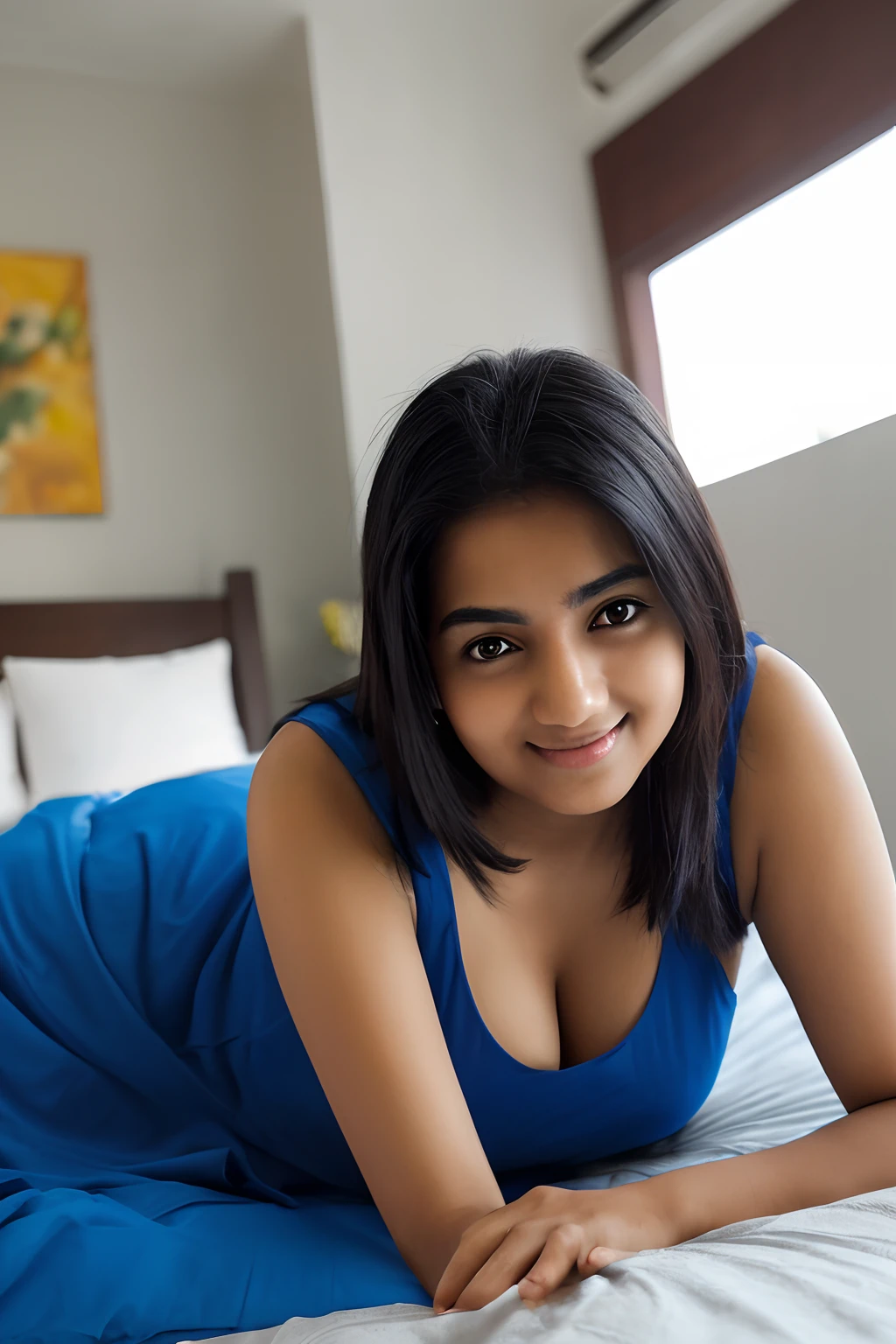 a blurry low quality, selfie, taken by a hot sexy pretty indian mother, at night in her sleeveless pajamas, dimly lit, dark room