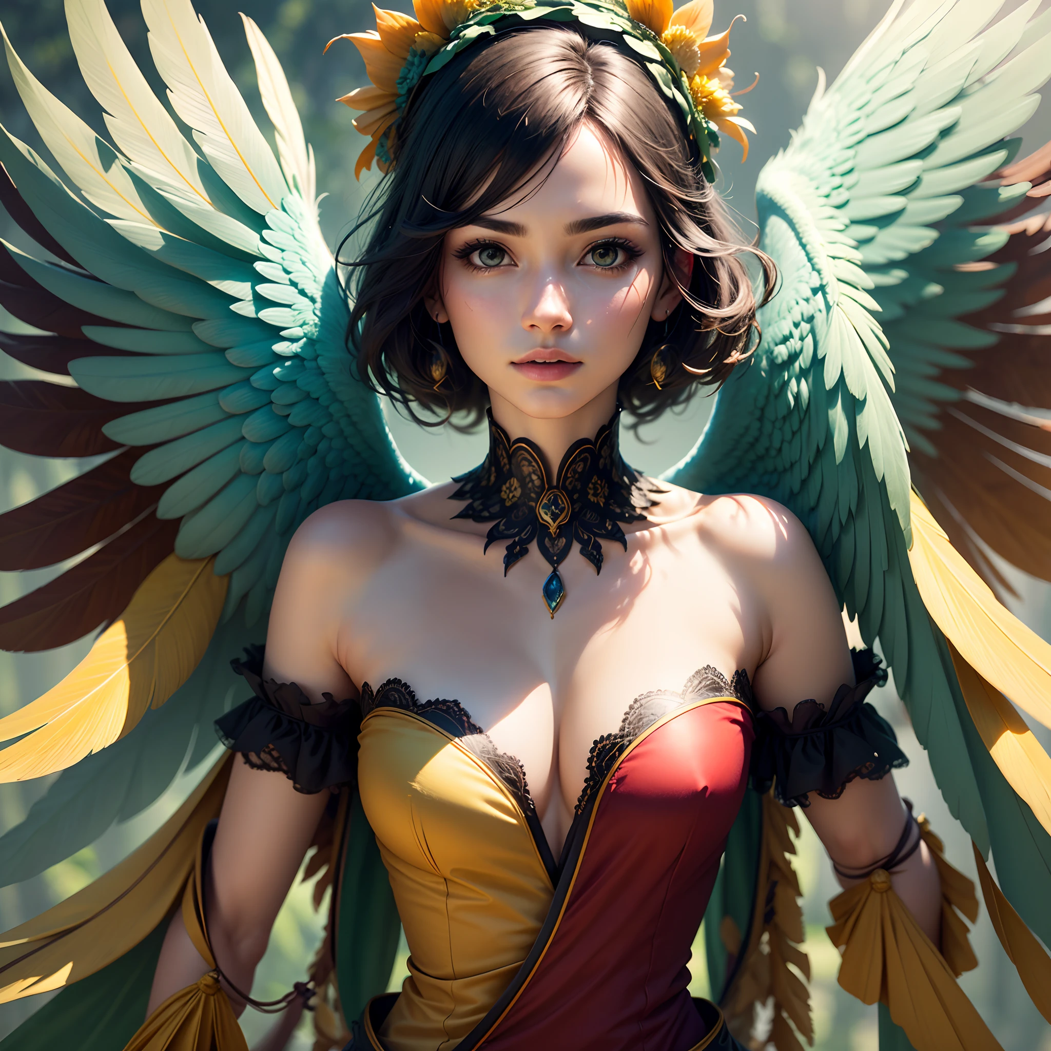 (best quality,4k,8k,Altas,master part:1.2),ultra-detalhado,(Realistic,fotorrealista,photo-realistic:1.37),vivid colors,clear lighting,Bird of Paradise,Penas coloridas,beleza deslumbrante,muitas cores,Detalhes requintados,habitat natural,plumagem colorida,lindamente vibrante,Surprisingly vivid,unique patterns,Artistic portrait,feather patterns that blend perfectly,translucent wings,dinamic poses,movimentos graciosos,flutuando graciosamente pelo ar,folhagem verde exuberante,flores coloridas em flor,scenic background,Atmosfera harmoniosa,ambiente sereno,A charming spectacle,mesmerizing vision,breathtaking images,beleza inspiradora,Obra-prima transcendente,Artistic interpretation of nature.