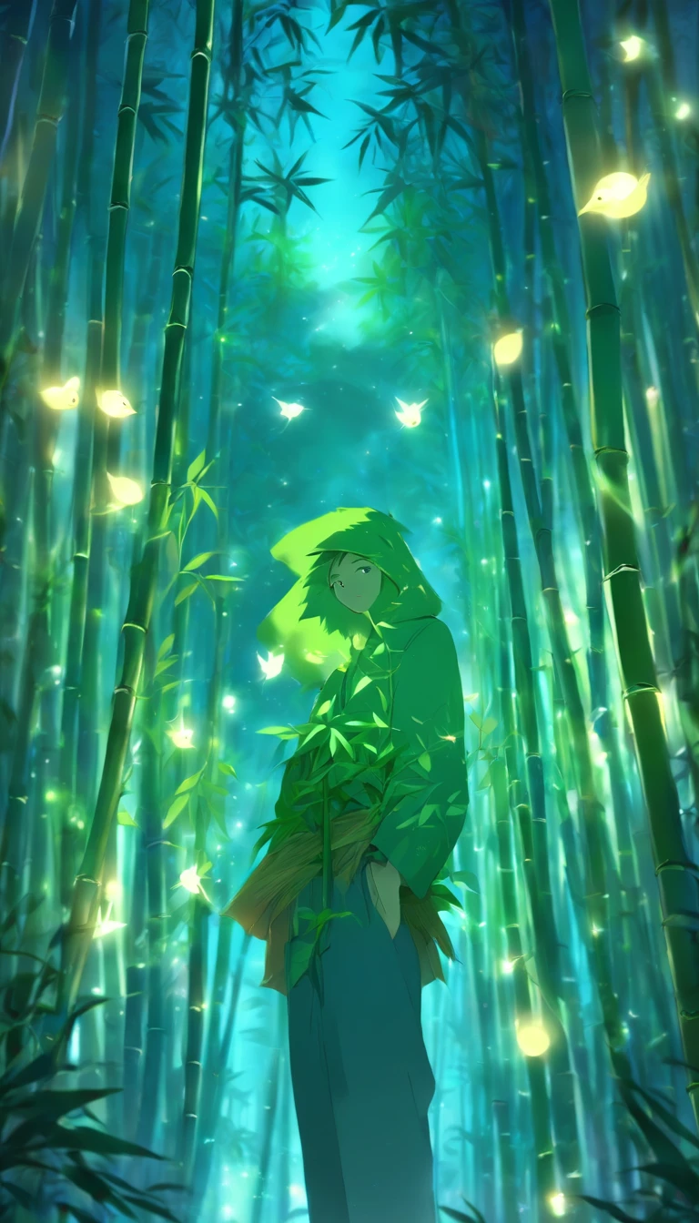 Noche de paz, Tranquil bamboo forest, Bamboo leaves fall in the wind,Lindo y lindo hombre gordito barbudo，graso， Luna llena en el cielo, Fireflies flying