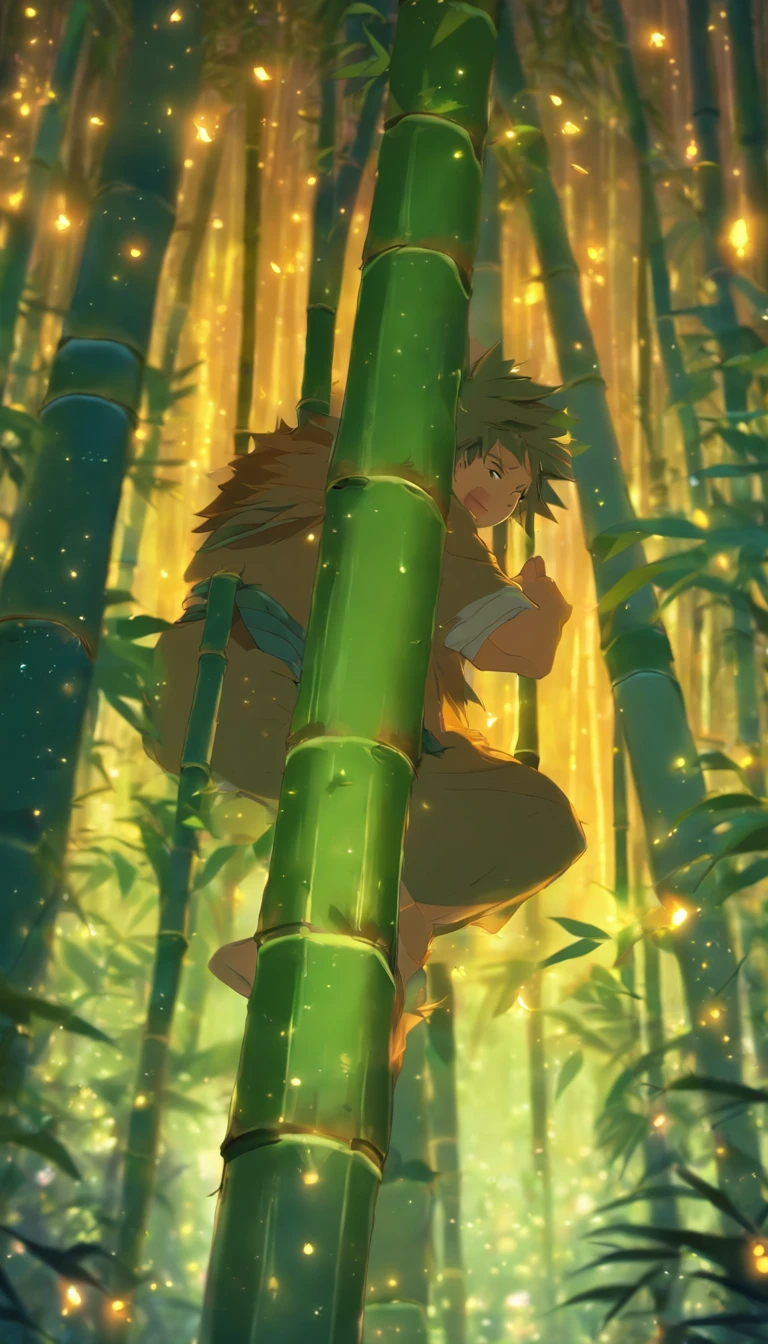 Noche de paz, Tranquil bamboo forest, Bamboo leaves fall in the wind,Lindo y lindo hombre gordito barbudo,graso, Luna llena en el cielo, Fireflies flying