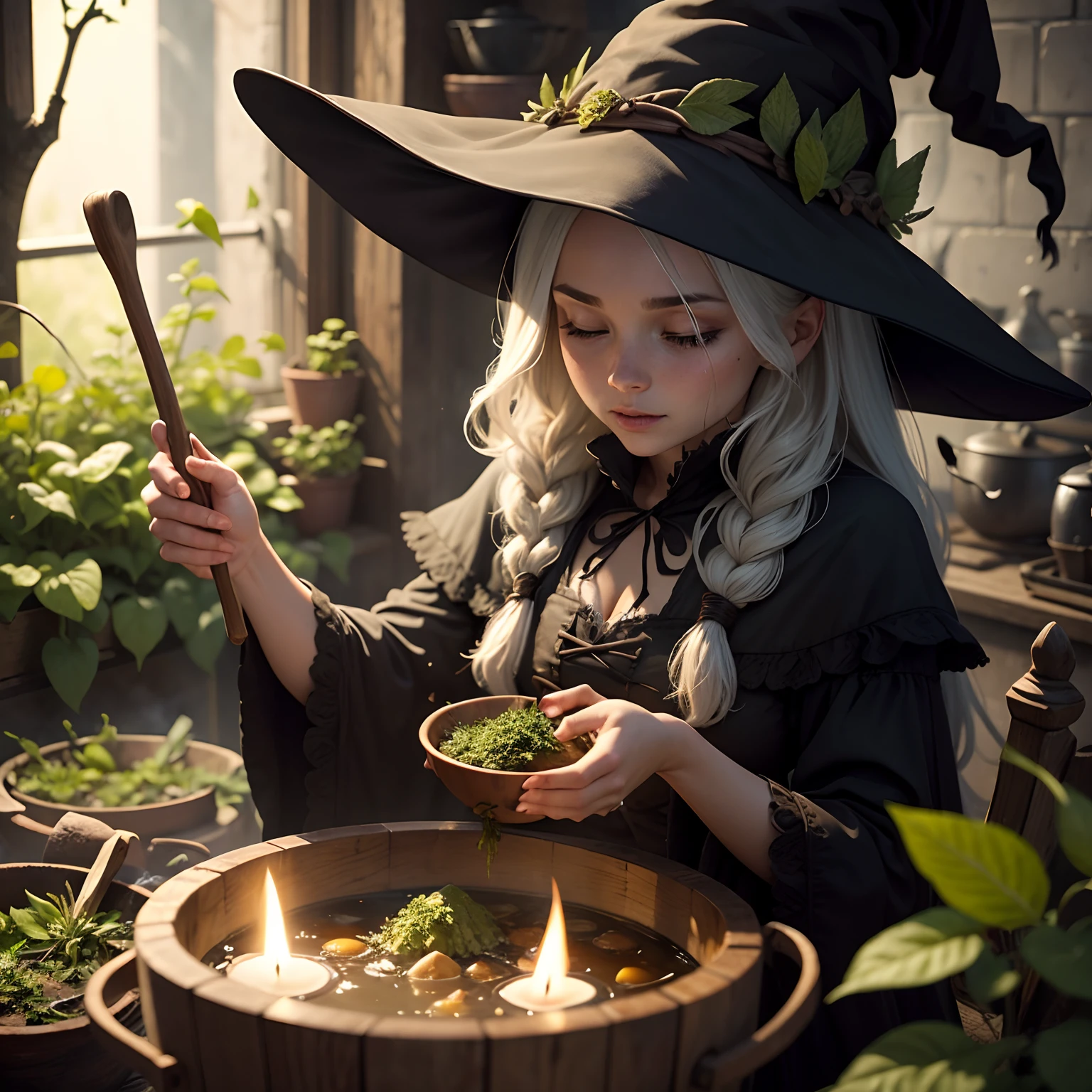 Witch cooking in a cauldron with herbs