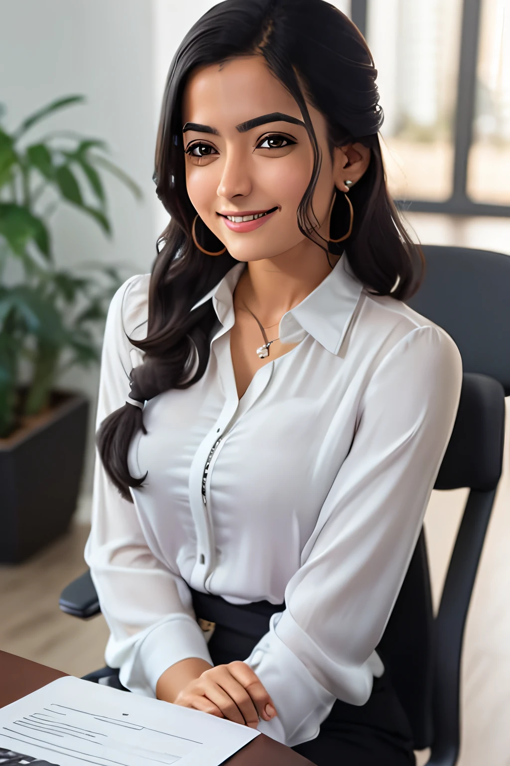 Image of a journalist with a friendly face, sentada em uma cadeira, em uma mesa de entrevista, with a button-down blouse