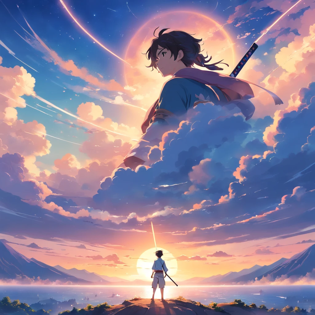 k hd，dream magical，scenecy，photorealestic，phone wallpaper, Miyamoto Musashi, strongman, legendary quote in sky