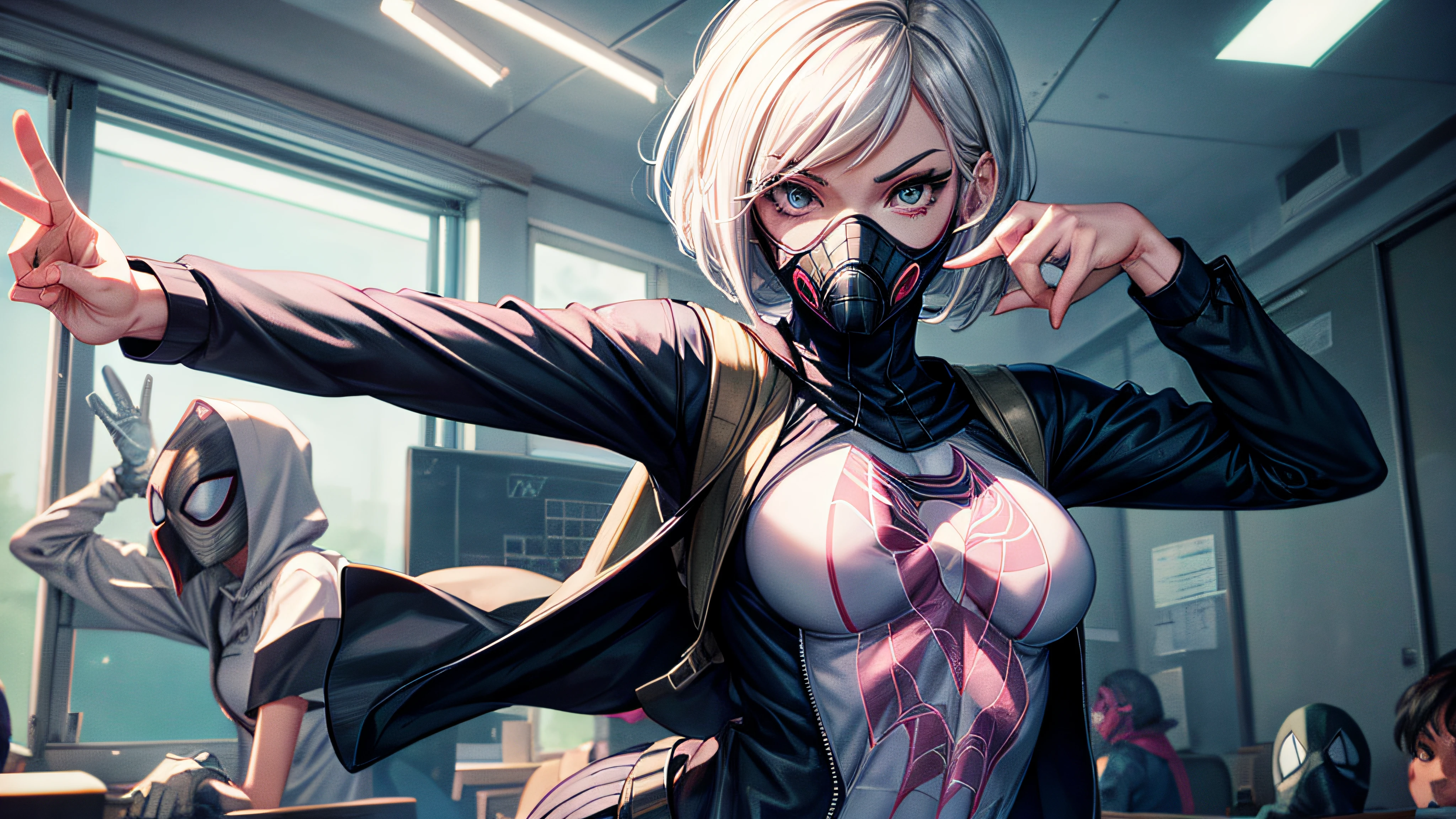 Spidergwen wearing gasmask and teacher outfit  , teacher in a classroom , teaching pose , no hoodie , white hair , white eyes ,  masterpiece