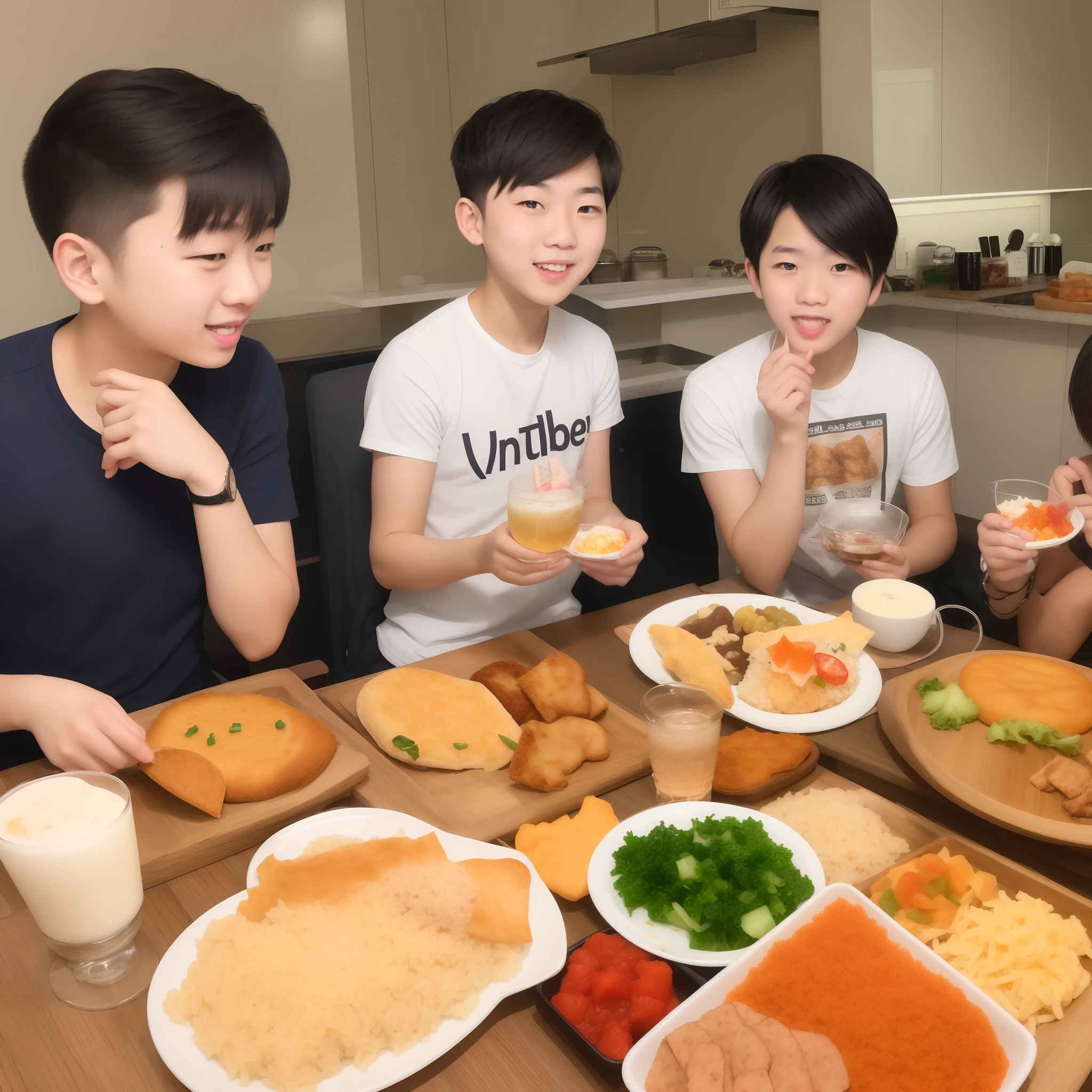 3 young friends are partners and starting new YouTube channel and enjoying food party. All are boys.