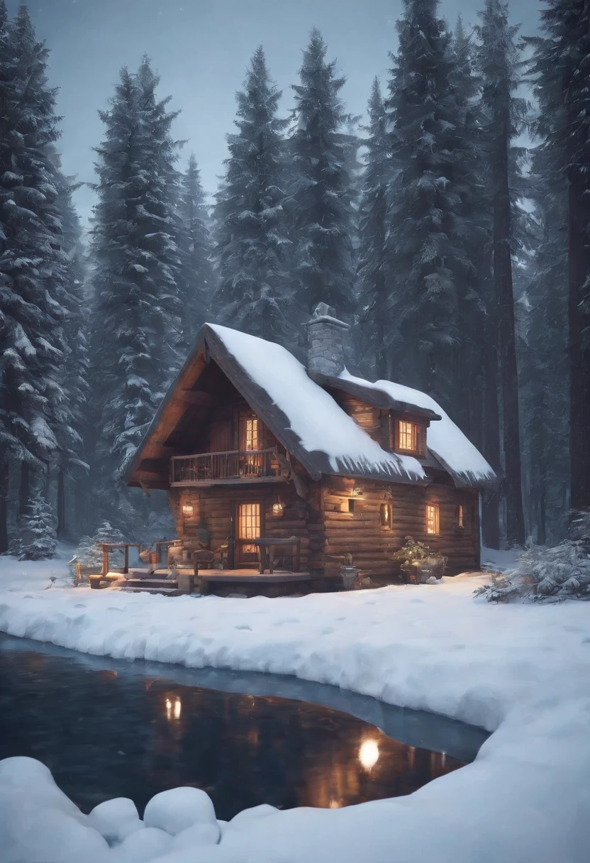 a small cabin in the middle of a snowy forest, low poly render, isometric, inspired by Andreas Rocha, styleized character design, soft image shading, nice deep colors, high res beautiful lighting, rounded cabin and cute character, cozy candlelight, extremely detailed frontal angle