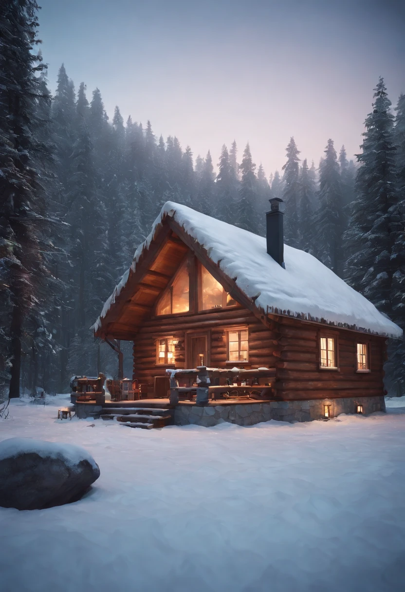 a small cabin in the middle of a snowy forest, low poly render, isometric, inspired by Andreas Rocha, styleized character design, soft image shading, nice deep colors, high res beautiful lighting, rounded cabin and cute character, cozy candlelight, extremely detailed frontal angle