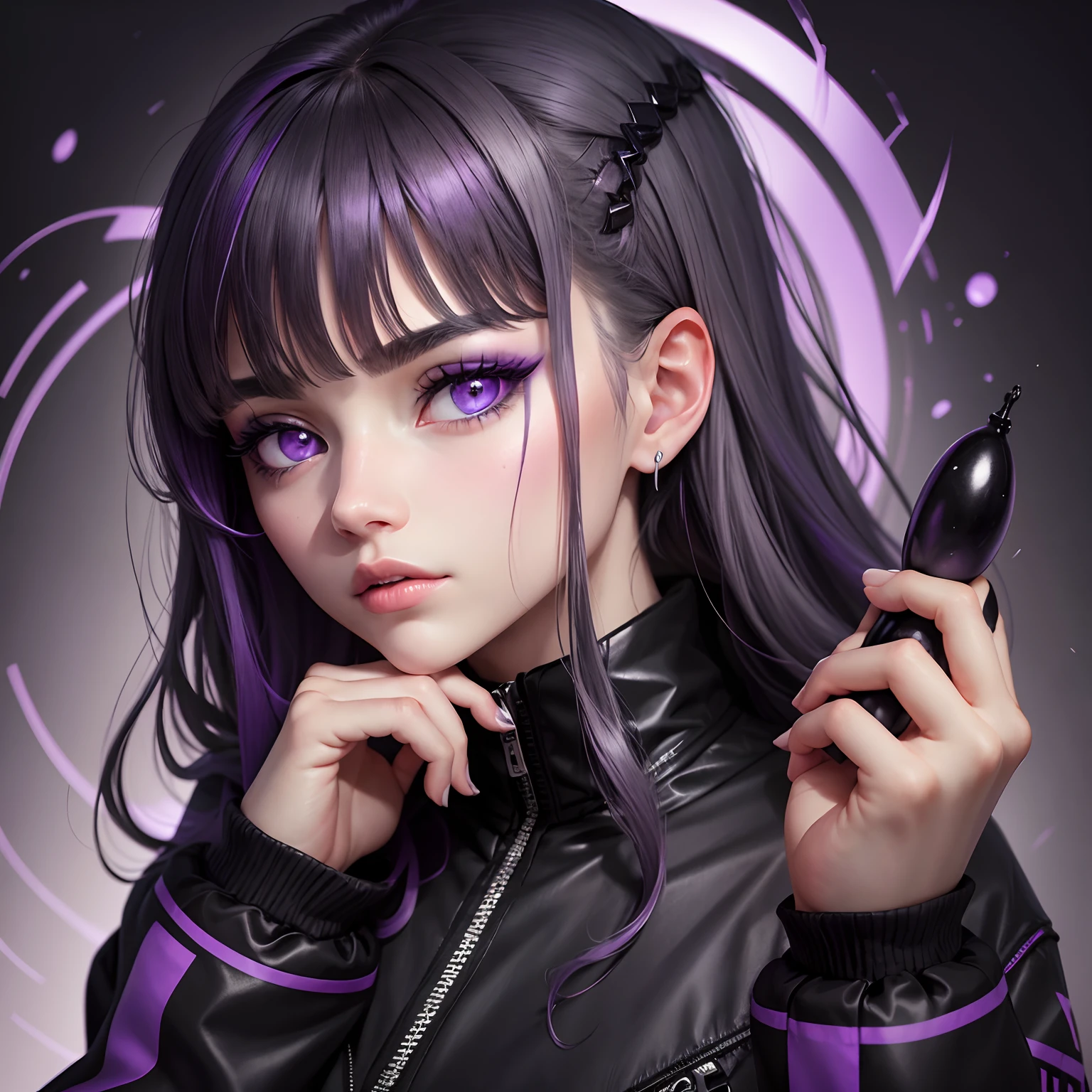 Dark gray hair, The new eye is completely purple with a black pupil, the left eye is gray without a pupil, Bangs fall over the eyes, Topic black and purple, black jacket with long sleeves.