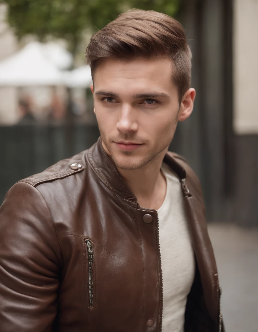 Ein Mann, who wears an elegant brown leather jacket, Andrew Sykut, Ultra-High-Definition-Bild, Punk Uhr, Studiofotografie, Precision (Mitte Nahaufnahme), Lovely face, Leichtes Gesicht