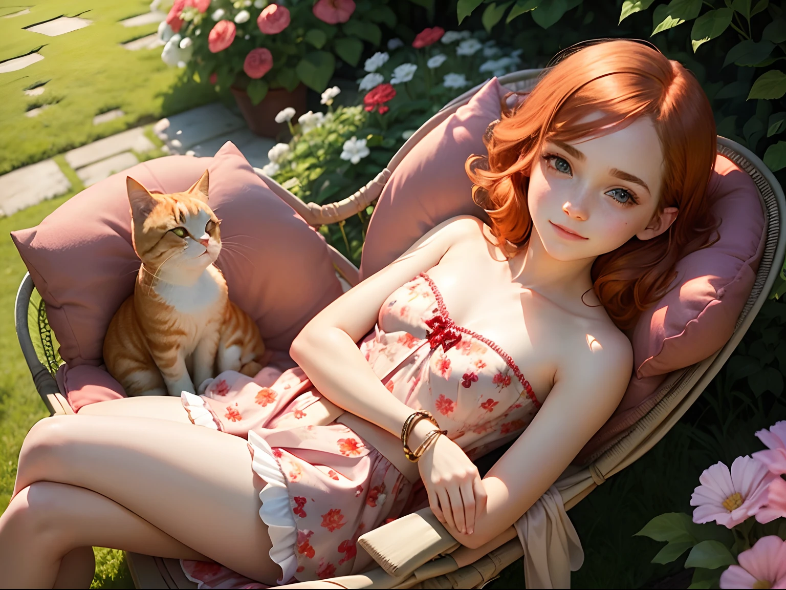 tween Emma Watson wearing a pale red floral patterned strapless playsuit sat in a garden chair, small bust, small chest, cute smile, pale red head accessories, pale red bracelet. Cuddling a ginger cat.