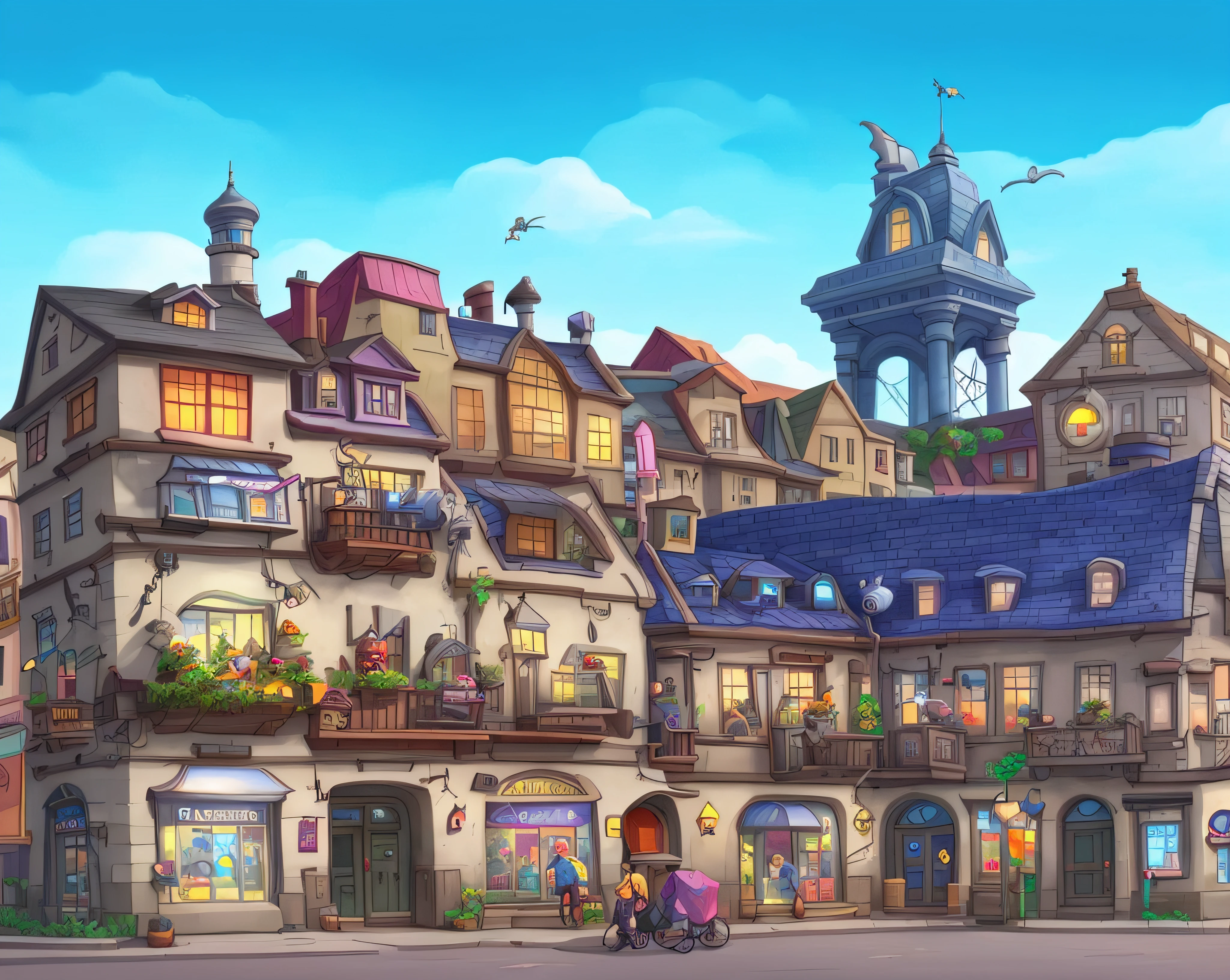 Cartoon pictures of buildings，It says dental hotel, town center background, town background, renaissance port city background, gaslight fantasy capital city, medeival fantasy town, flintlock fantasy capital city, arte de fundo, 2d game environment design, background hyper detailed, palace background, overwatch building, medieval city background, tavern background, zenithal view,quadratic element,