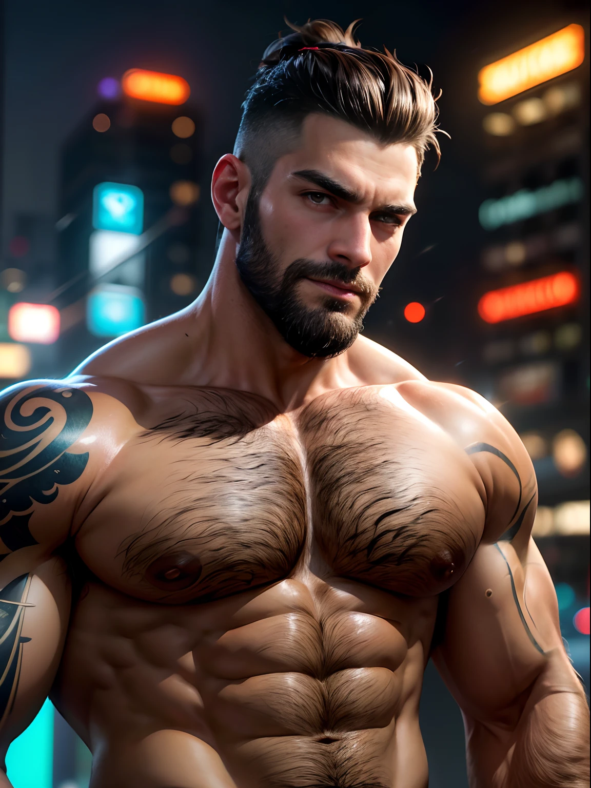 masterpiece, best quality, high resolution, closeup portrait, male focus, solo focus, muscular, burly, hairy, male, A handsome man with full beard, shaved head, (big bulge:1.2), in a cyberpunk city, neon lights, sunny day, blurred background, scruffy face, arrogant smirk, tattooed, amazing composition, front view, HDR, volumetric lighting, ultra quality, elegant, highly detailed, bright lighting