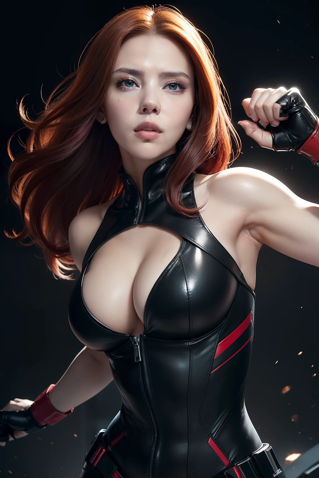 (masterpiece), best quality, expressive eyes, perfect face, perfect hands, large cleavage, long round legs, round ass, seductive girl, (medium shot), imagine Scarlett Johansson as the black widow, the iconic Marvel character known for her lethal skills and stealthy prowess, (her fiery red hair cascades like a waterfall of crimson, framing her face, while her piercing green eyes gleam with intelligence and a hint of mystery, reflecting her complex character), (Scarlett's sculpted cheekbones and perfectly arched eyebrows contribute to her fierce and determined look), (in her sleek black leather suit, adorned with subtle silver accents, she showcases her athletic and agile physique), (with lips painted a deep crimson and a confident half-smile, she exudes unyielding resolve), (black widow's gloved hands, equipped with high-tech gadgets and concealed weaponry, underscore her readiness for any mission), ((boxing stance))