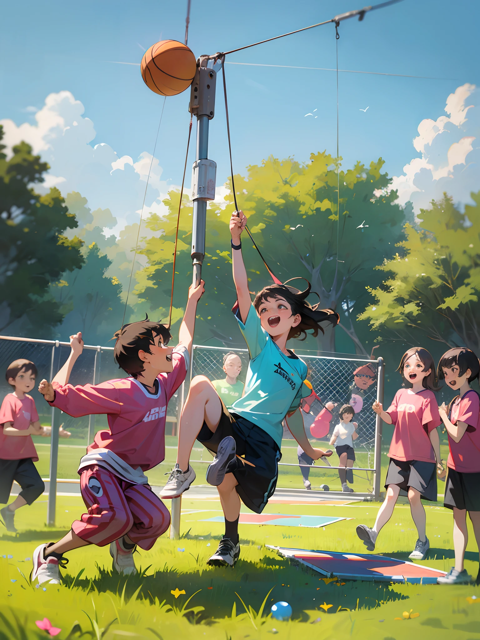 (best quality,4k,8k,highres,masterpiece:1.2),ultra-detailed,(realistic,photorealistic,photo-realistic:1.37),children playing in playground,happy atmosphere,dog running around,beautiful day,joyful laughter,kids swinging on swings,sliding down slides,climbing on jungle gyms,carousel spinning,merry-go-round music,sticky cotton candy,sunshine filtering through trees,colorful balloons,flying kites in the sky,friends playing hopscotch,excited shouts and giggles,friendly competition on basketball court,skateboard tricks and flips,parents watching with smiles,freshly cut green grass,cheerful children's outfits,carefree and innocent moments,dog happily chasing a ball,jump rope songs and rhymes,playful imagination and creativity,tire swing swinging high,tumbling and rolling on the grass,inhaling the refreshing scent of flowers,ice cream truck melody in the distance,lively and energetic playtime,playground equipment shining brightly,joyful memories in the making,playful and friendly atmosphere,memorable and fun-filled day. --auto --s2