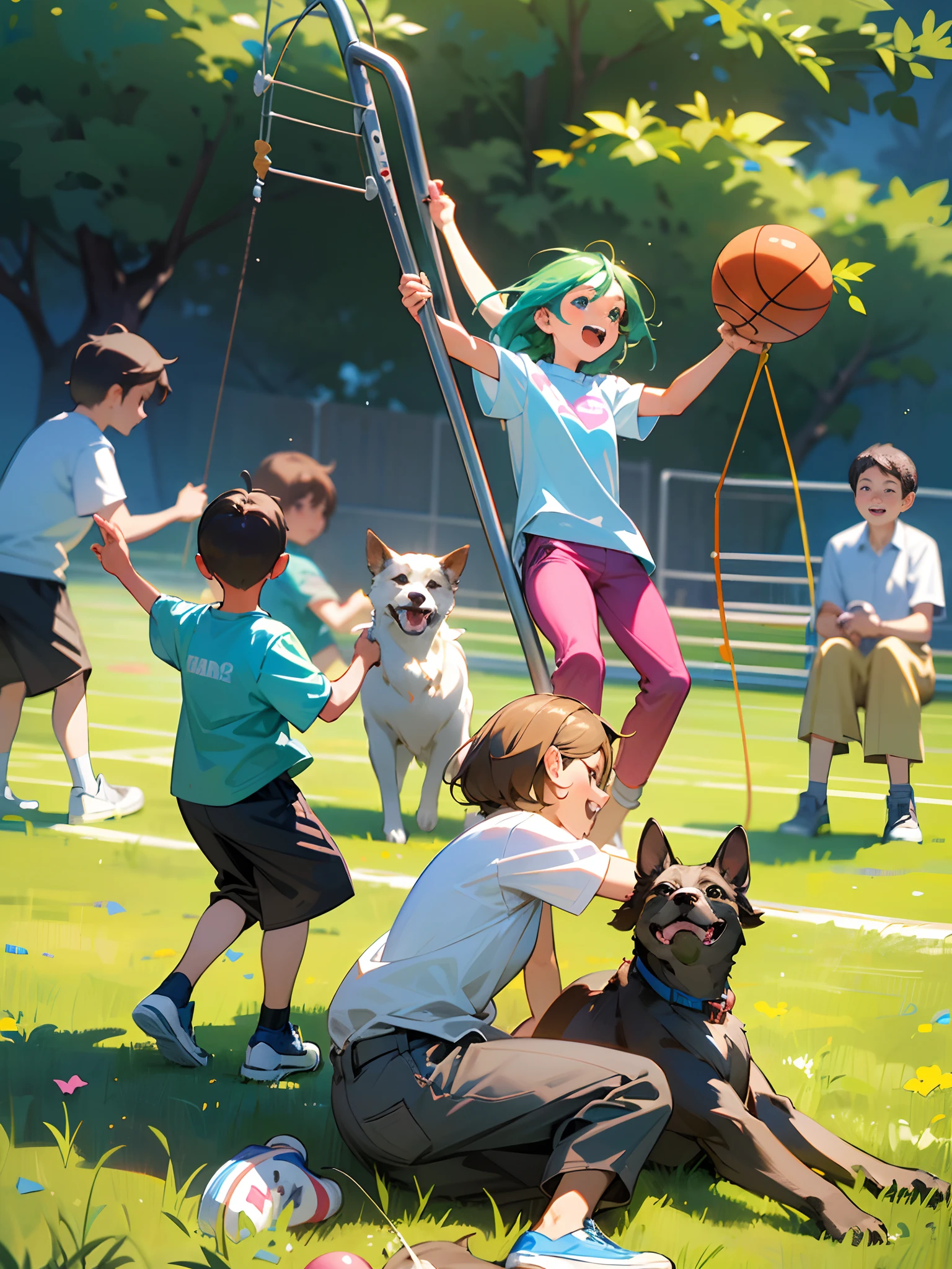 (best quality,4k,8k,highres,masterpiece:1.2),ultra-detailed,(realistic,photorealistic,photo-realistic:1.37),children playing in playground,happy atmosphere,dog running around,beautiful day,joyful laughter,kids swinging on swings,sliding down slides,climbing on jungle gyms,carousel spinning,merry-go-round music,sticky cotton candy,sunshine filtering through trees,colorful balloons,flying kites in the sky,friends playing hopscotch,excited shouts and giggles,friendly competition on basketball court,skateboard tricks and flips,parents watching with smiles,freshly cut green grass,cheerful children's outfits,carefree and innocent moments,dog happily chasing a ball,jump rope songs and rhymes,playful imagination and creativity,tire swing swinging high,tumbling and rolling on the grass,inhaling the refreshing scent of flowers,ice cream truck melody in the distance,lively and energetic playtime,playground equipment shining brightly,joyful memories in the making,playful and friendly atmosphere,memorable and fun-filled day. --auto --s2