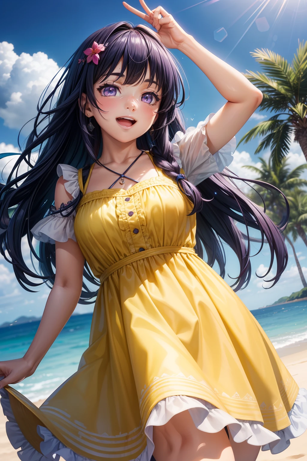 "(((Happy and joyful))), (Young fat girl) Enjoy a sunny day in the vibrant fields, (Cute summer dress) Savor a refreshing slice of watermelon. Long curly hair eats watermelon."Side view of the scene, Perfect quality, Clear focus(Chaos - seaside:0.8), (tmasterpiece:1.2) (realisticlying:1.2) (Bokeh) (best qualtiy) (skin detailed:1.3) (complexdetails) (8K) (eye detailed) (sharp fokus), cartoon character, quadratic element, Blunt Bangs, purple eyes, dark blue hair, Luminism