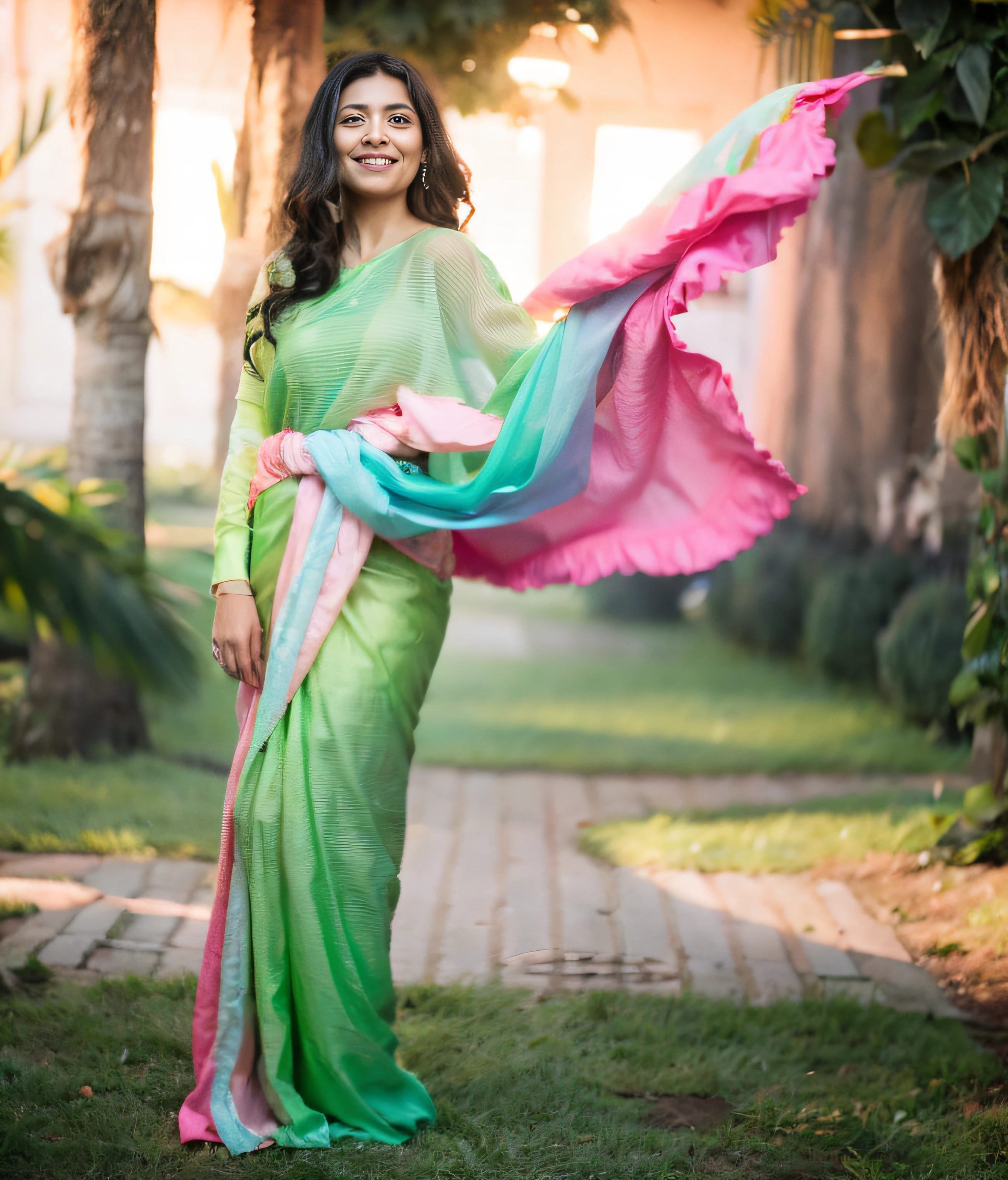 a woman with long black hair in a green and pink sari posing for a picture, draped in fleshy green and pink, green and pink, pink and green, with beautiful colors, pink white and green, in pastel colors, turquoise pink and green, posing!!, pastel green, dressed in a sari, beautiful flowing fabric, pr shoot, beautiful and graceful,  ((film grain, skin details, high detailed skin texture, 8k hdr, dslr)), photography taken by sony DSLR, Hd image