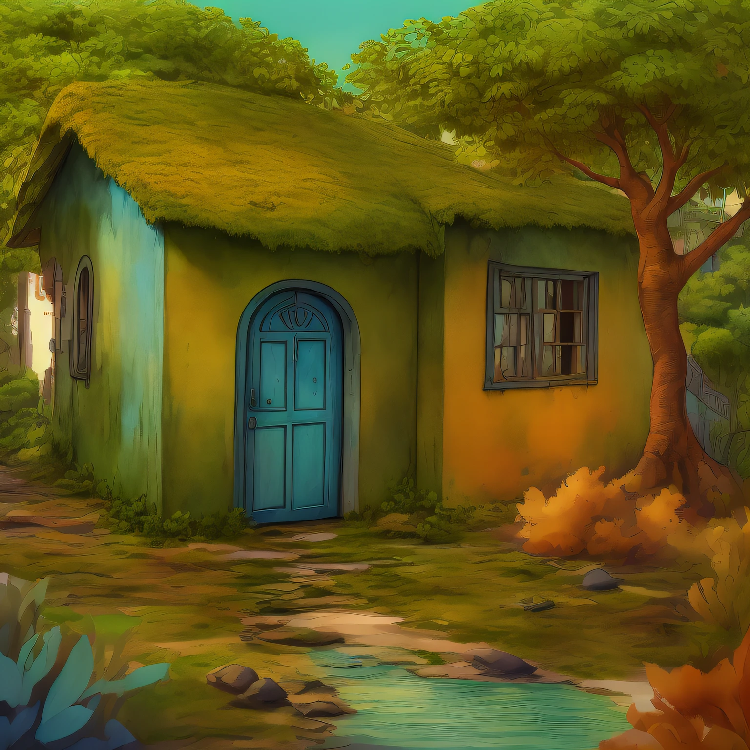 Gatinho de cor marrom e azul fofo ao lado uma casinha abandonada numa paisagem bonita, panoramic image, orange-leaved trees, plantas verdes e rasteiras. Desenho no estilo aquarela, desenhos animados, 3D