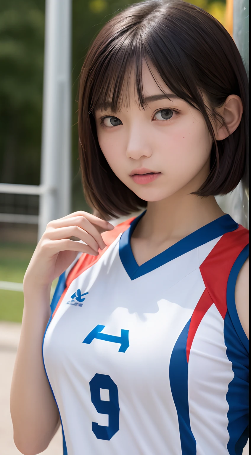 masutepiece, Best Quality, 8K, 15yo student, Teen, Raw photo, absurderes, award winning portrait, Mouth, Solo, Night, neons, Idol face, violaceaess, gardeniass, Delicate girl, Upper body, Digital SLR, Looking at Viewer, Candid, Sophisticated, zora々Right, Thin arms, Professional Lighting, Film grain, chromatic abberation, (Eyes and faces with detailed:1.0), (Bokeh:1.1) , Volleyball Uniforms , Short hair , Slightly larger chest chest