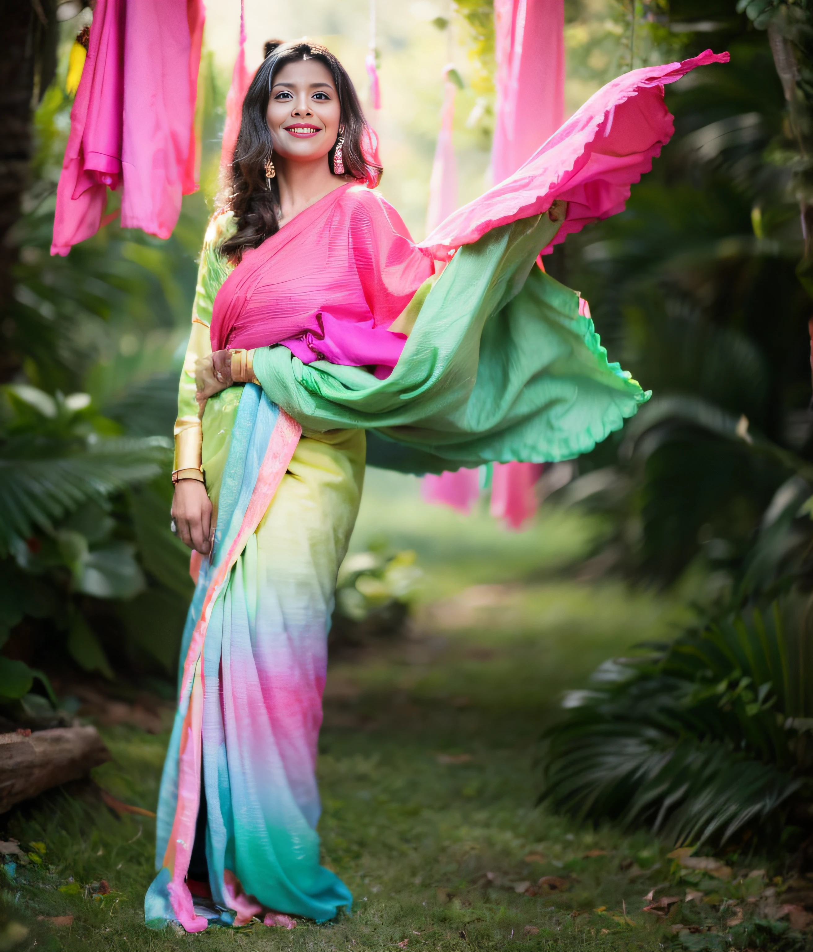 a woman with long black hair, dark red lips, big natural lips, in a green and pink sari posing for a picture, sexy figure,draped in fleshy green and pink, green and pink, pink and green, with beautiful colors, pink white and green, in pastel colors, turquoise pink and green, posing!!, pastel green, dressed in a sari, beautiful flowing fabric, pr shoot, beautiful and graceful,  ((film grain, skin details, high detailed skin texture, 8k hdr, dslr)), photography taken by sony DSLR, Hd image