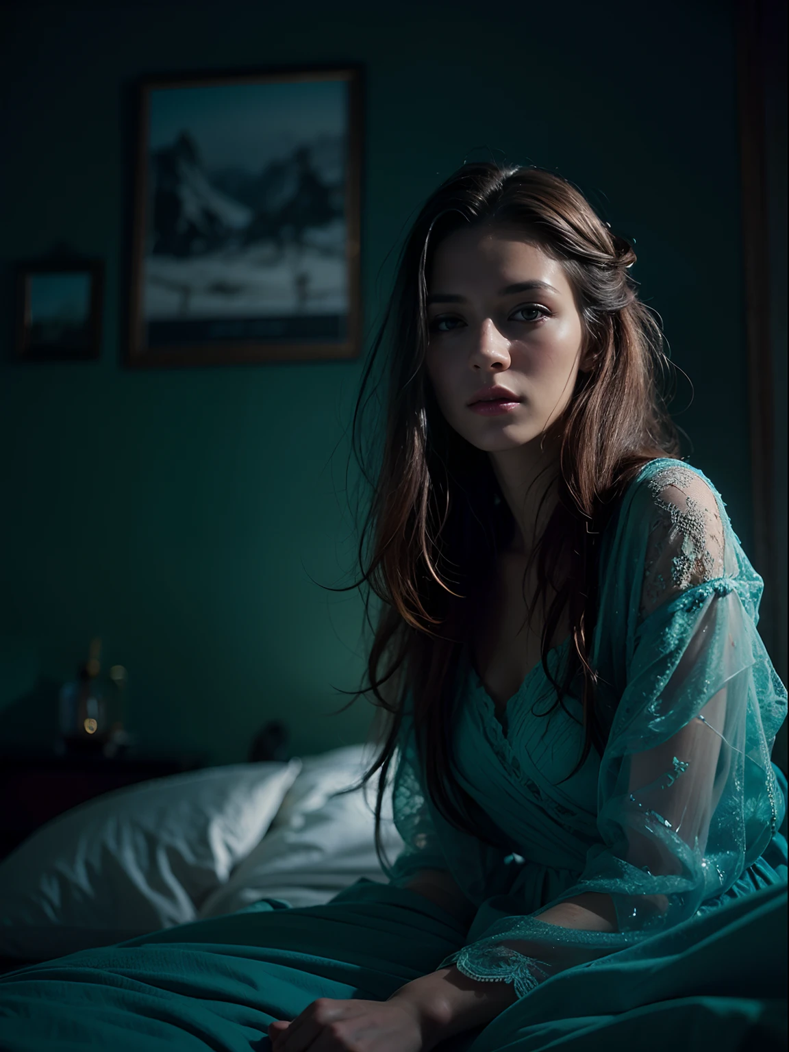 a very cute readhead danish woman with messy long hair, sitting in the dark bed room, beautiful eyes, unique face, natural skin, candid poses, wearing a transparent soft blue lace dress, wet, detailed face and eyes, perfect object, rain outside, cinematic dark light, photo contest composition, analog film photo color, ultra realistic pohotography, very wide full body view, Aesthetic atmosphere, dramatic, rays shadow, Sigma 24mm f1.8 lens, 8k, highly resolution, ultra highly detailed, Ultra hd, depth of field