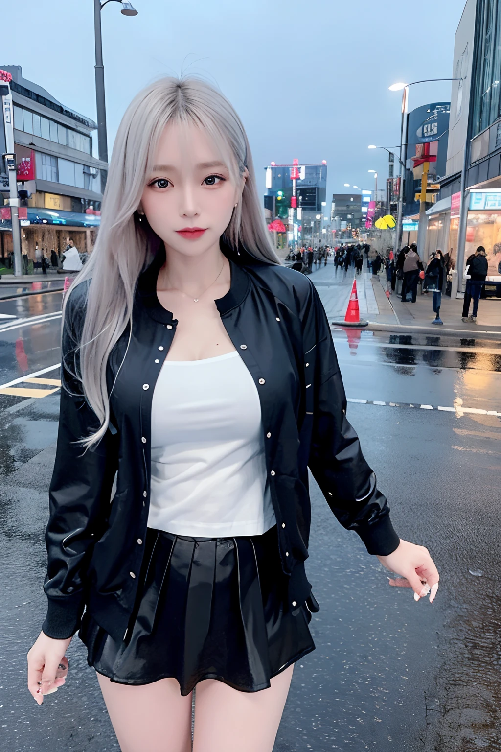 (masterpiece), best quality, highest quality, extremely detailed CG unity 8k wallpaper, complex and intricate, original,high res, cinematic lighting,
\\
beautifully detailed background, depth of field,loli:0.1,realistic:1.3,
(ambient light:1.3),(cinematic composition:1.3),(neon lights:0.1),(HDR:1), Accent Lighting,
\\
(16yo),extremely detailed_eyes, fingernails, sexy, large breasts,
(eyeliner:0.5),(blush:0.5), black hair,
\\
looking at the viewer, solo,
\\
white shirt, full body,

street, subway station, shop border, Akihabara \(tokyo\), Shibuya \(tokyo\), Shinjuku \(tokyo\), tree, rain, cloudy, afterglow, cityscape,

[:(detailed face:1.2):0.2], shiny eyes, dramatic view,

STARRY, STARRY LIGHT, NIGHT, COLORFUL, CLOUD, STAR \(SKY\),  decent jacket, jacket pull, wind coat pull,
Raining, Rainy, wet, damp body, water drops on skin,
light blush, skinny,
ulzzang,(raw photo:1.2), (photorealistic:1.4), beautiful detailed girl, extremely detailed eyes and face,
light on face,(short skirt:1.3)

Shirt pull, earrings, FASHI-GIRL, dynamic expression,

Jumping, Running, Walking. see-through,