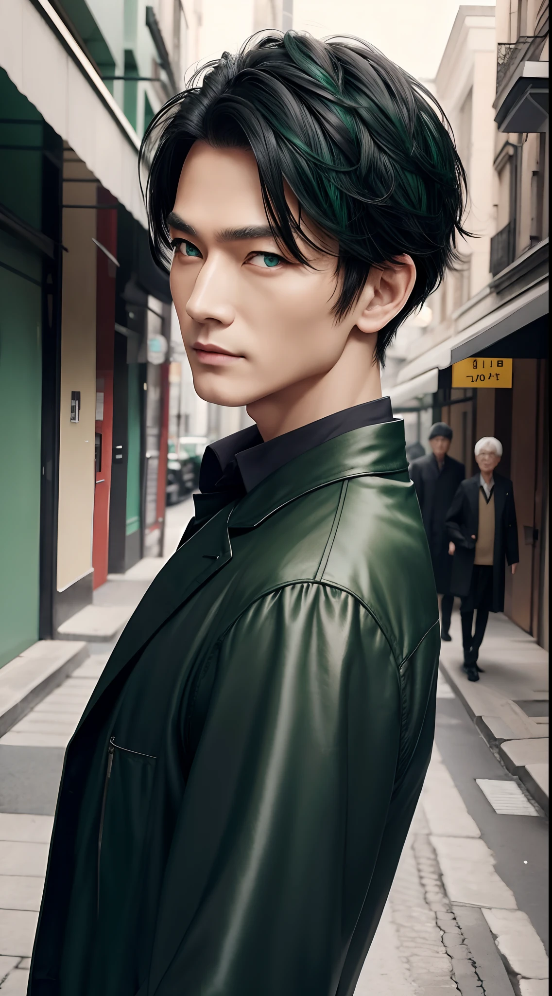 Fashion model old man、Short-haired black hair,Beautiful emerald green eyes,
