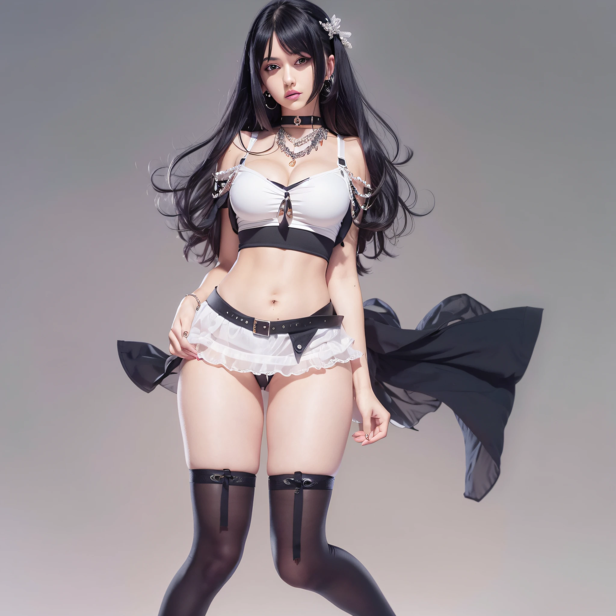 Skirt, Choker, thighs thighs thighs thighs, Black hair, breasts, Navel, 1girl in, Black legwear, Long hair, cleavage, Jewelry, Solo Focus, white footwear, Miniskirt, Underwear, Black Choker, Standing, Lips, Looking at Viewer, shoes, Midriff