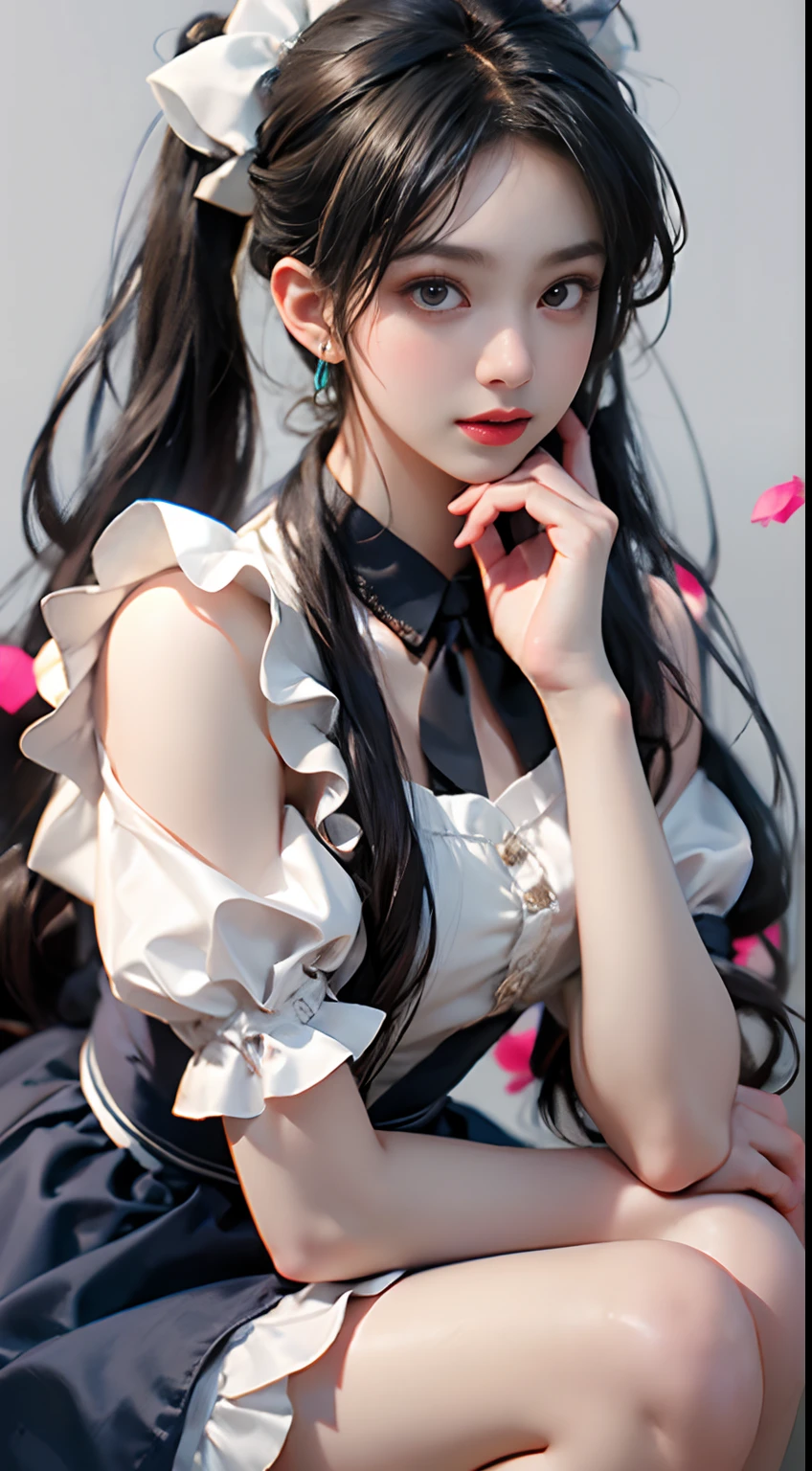 Top quality, Masterpiece, 超高分辨率, (Photorealistic: 1.4), RAW photo, 1 girl, English maid, Ruffled maid headband, pony tails, Braided hair, Ruffle blouse, Ribbon Ties, aprons, Long skirt, Puff sleeves, White silk ankle socks,frilld, Glowing skin, No gray background, Flowers, crouched