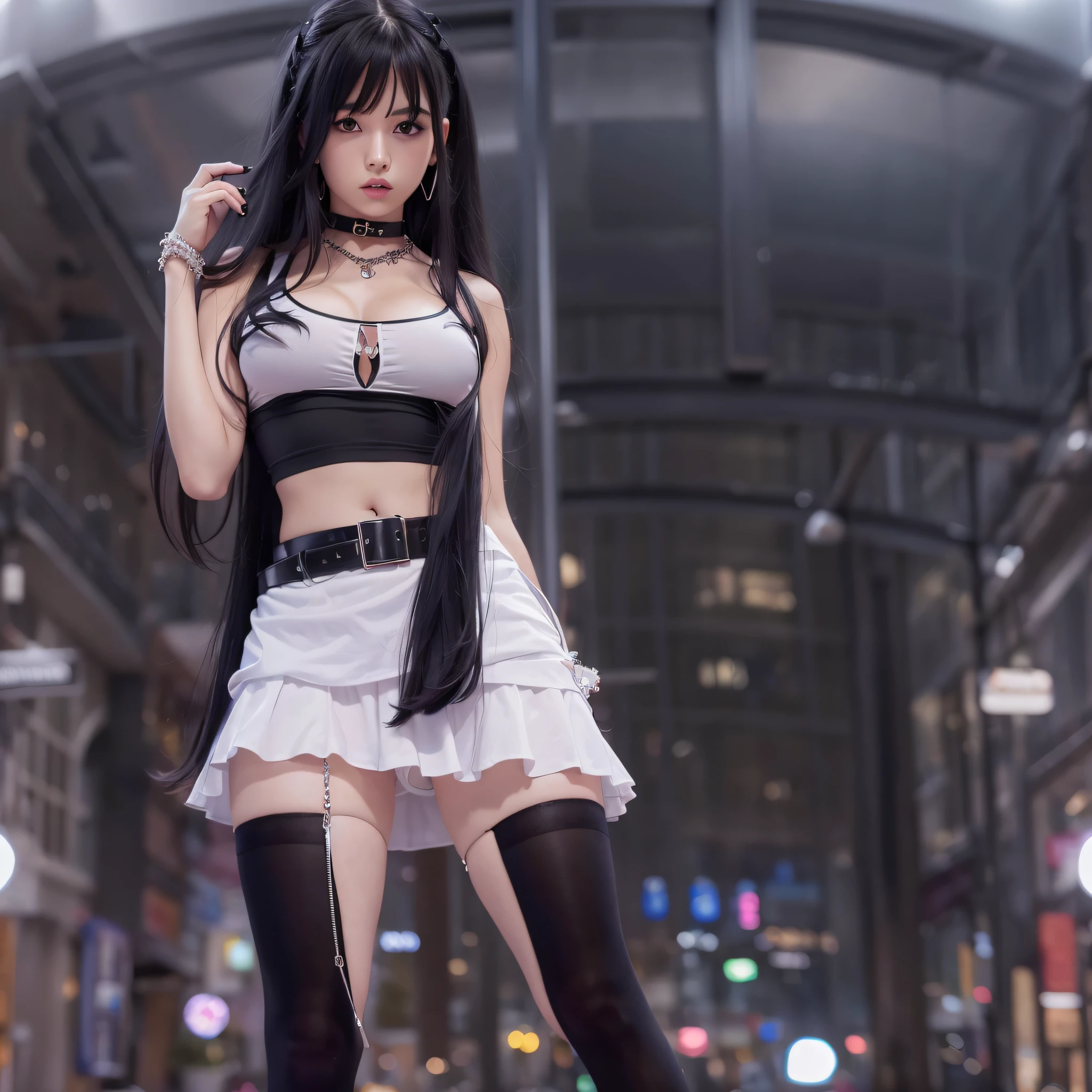 Skirt, Choker, thighs thighs thighs thighs, Black hair, breasts, Navel, 1girl in, Black legwear, Long hair, cleavage, Jewelry, Solo Focus, white footwear, Miniskirt, Underwear, Black Choker, Standing, Lips, Looking at Viewer, shoes, Midriff