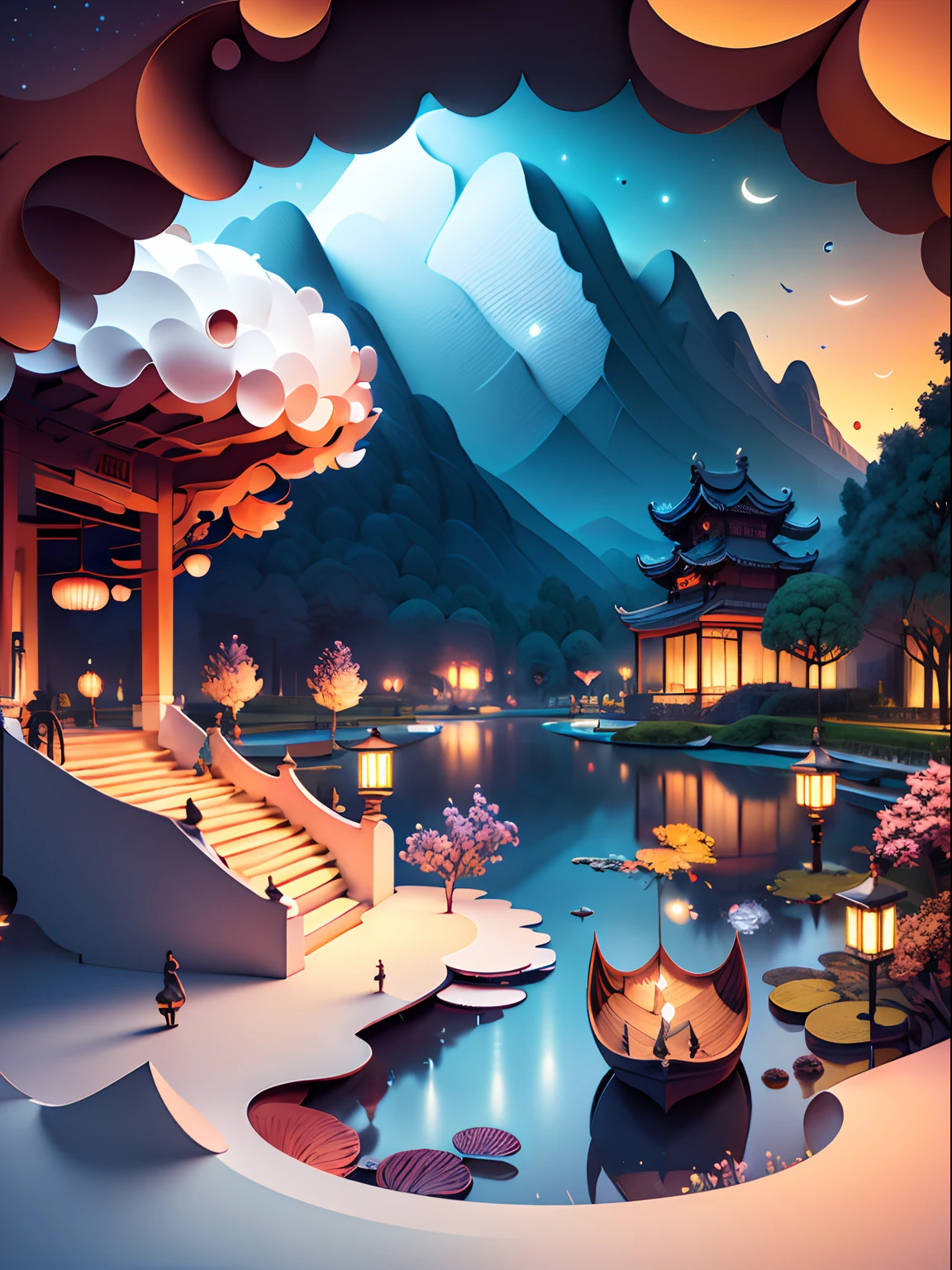 (((Masterpiece))),Best quality, illustration, Suzhou Garden under the stars,Chinese architecture,mountain water,Sea of clouds, vibrant color scheme, Soft light,(warm color:1.2),watercolor paiting, Light background, best quality exquisite details,3D rendering of,rendering by octane, Pastel, Paper_cut.