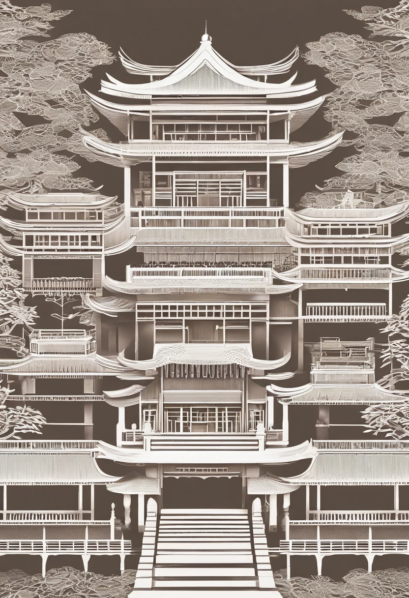 Pavilions，China-style，paper cut out
