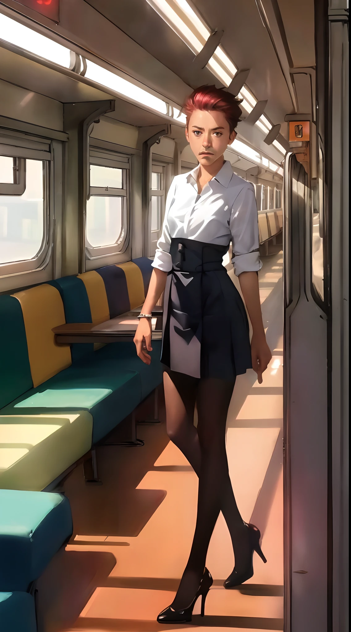 ((Robert Downey as a 14-year-old pre-teen girl)), dress, waist-high black tights, high heels, full-length photo, very fair skin, shaved hair, busy train carriage, sunset, photorealistic, indirect lighting, volumetric light, ray tracing, hyperdetailed