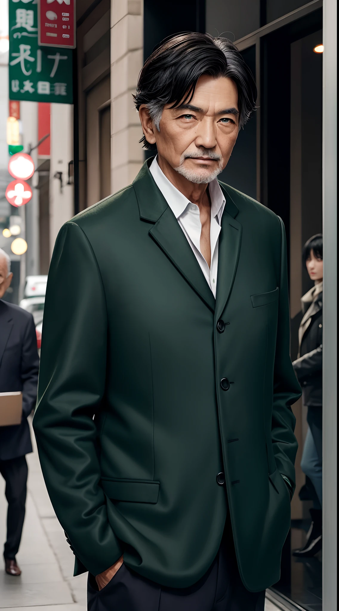 Fashion model old man、Short-haired black hair,Beautiful emerald green eyes,