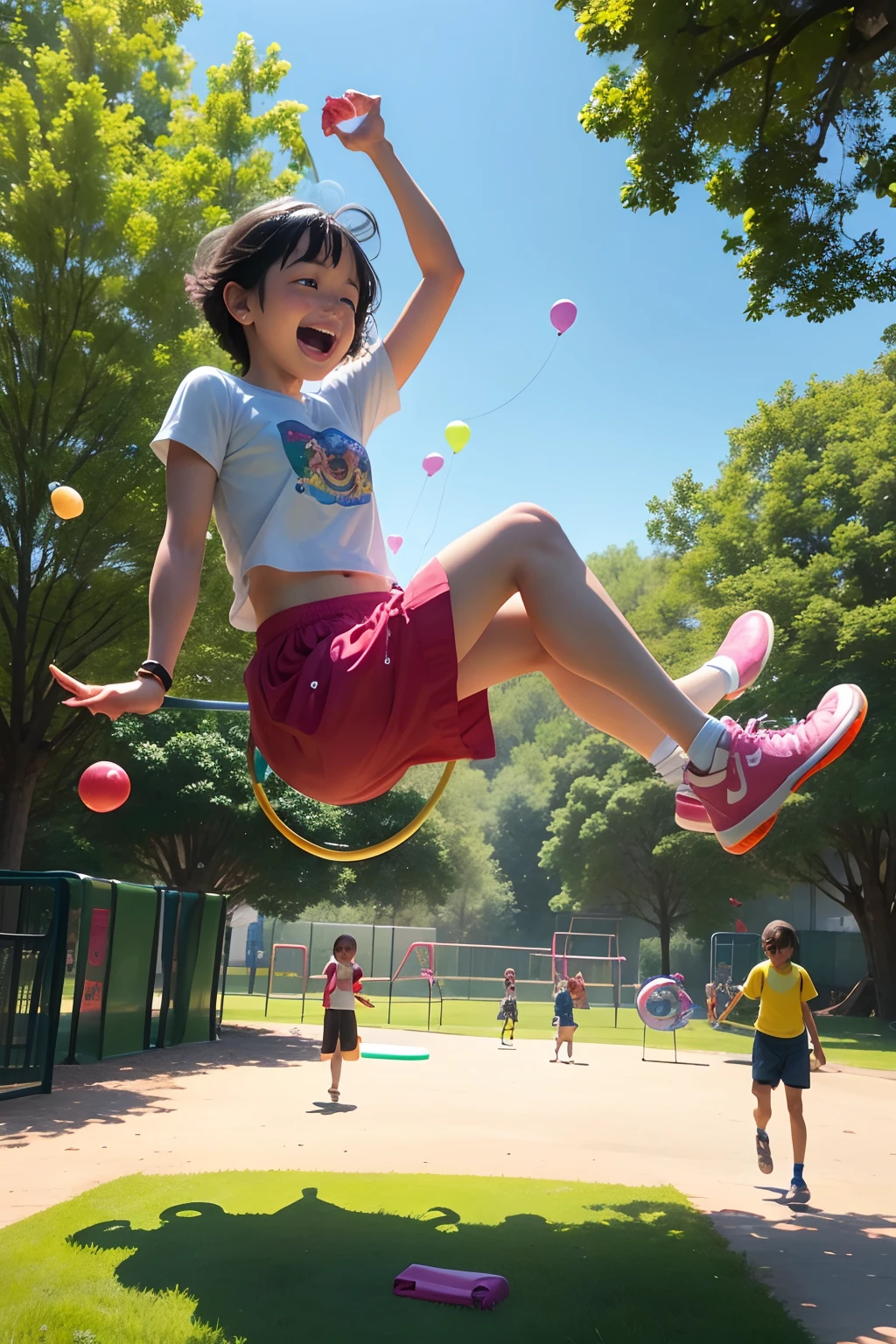 (best quality,4k,8k,highres,masterpiece:1.2),ultra-detailed,(realistic,photorealistic,photo-realistic:1.37),children playing in playground,happy atmosphere,dog running around,beautiful day,joyful laughter,kids swinging on swings,sliding down slides,climbing on jungle gyms,carousel spinning,merry-go-round music,sticky cotton candy,sunshine filtering through trees,colorful balloons,flying kites in the sky,friends playing hopscotch,excited shouts and giggles,friendly competition on basketball court,skateboard tricks and flips,parents watching with smiles,freshly cut green grass,cheerful children's outfits,carefree and innocent moments,dog happily chasing a ball,jump rope songs and rhymes,playful imagination and creativity,tire swing swinging high,tumbling and rolling on the grass,inhaling the refreshing scent of flowers,ice cream truck melody in the distance,lively and energetic playtime,playground equipment shining brightly,joyful memories in the making,playful and friendly atmosphere,memorable and fun-filled day.