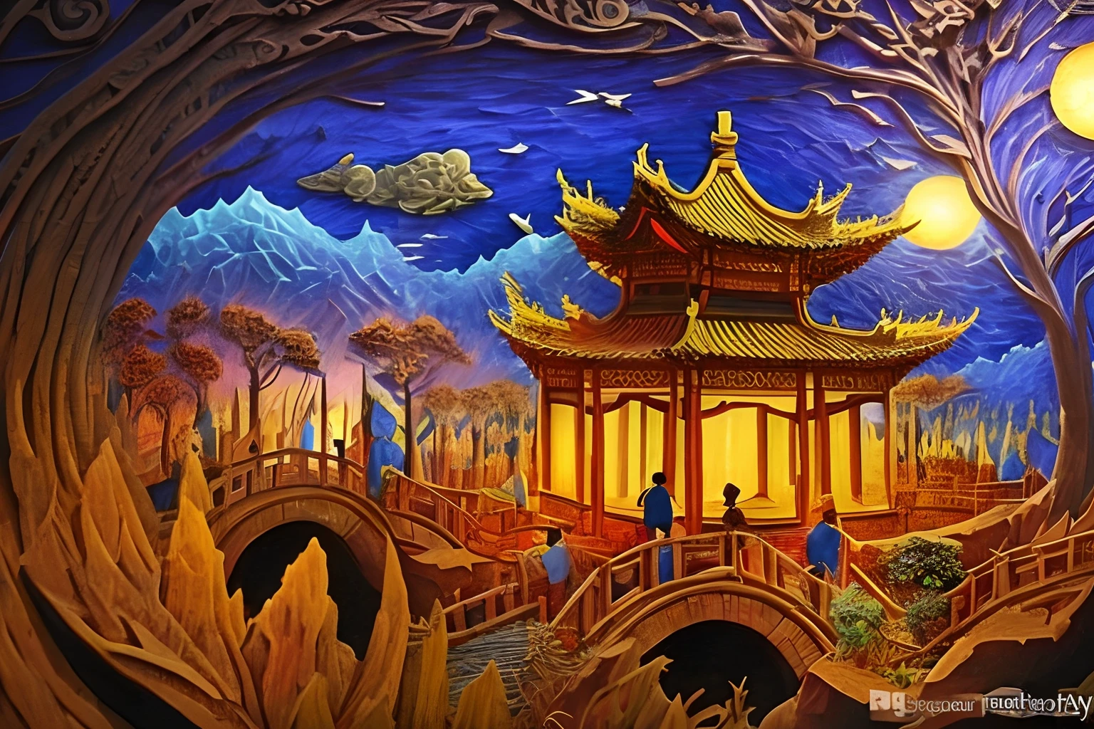 Suzhou Garden under the stars,Chinese architecture,gardens,mountain water,Sea of clouds,exquisitedetails,arte em papel cortado，s fractal art，opulent,(high detal:1.2)